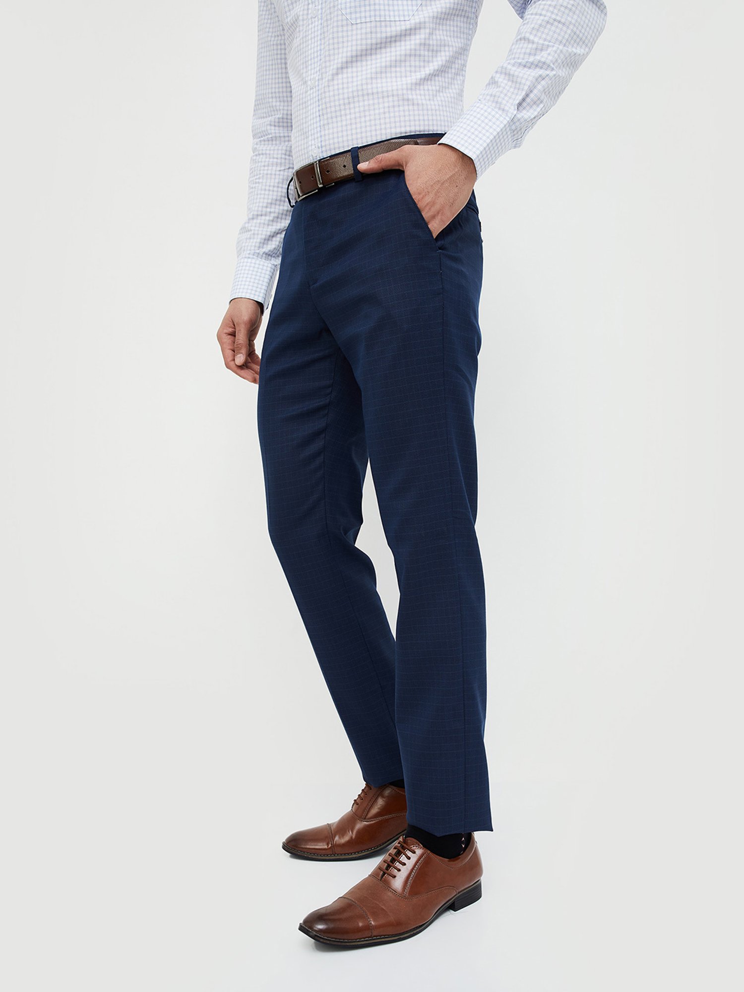 Code by Lifestyle Navy Slim Fit Check Flat Front Trousers