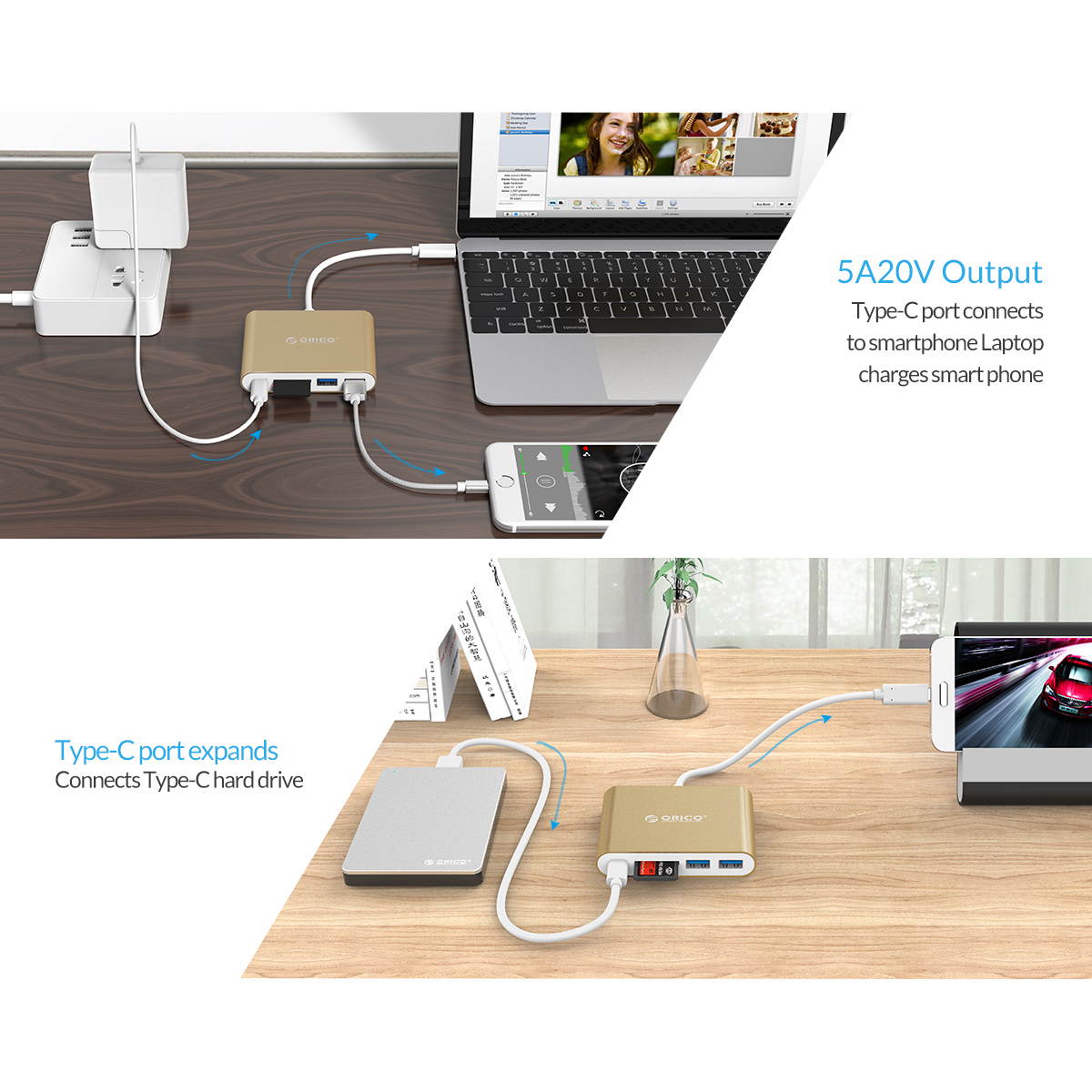 USB C Hub ORICO Portable USB-3.1 Type-C  HUB to 2-USB 3.0 Ports with SD/TF Memory Card Reader Type-C PD Charging Laptop Docking Stations for MacBook/New MacBook Pro/ChromeBook