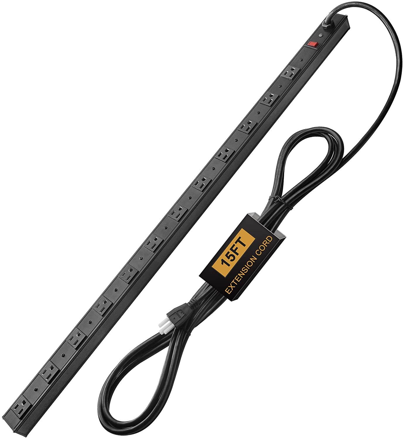 BESTTEN Wide-Spaced 12-Outlet Metal Power Strip Surge Protector, 15-Foot Ultra Long Extension Cord, 15A/125V/1875W, 600 Joules, ETL Listed, Black