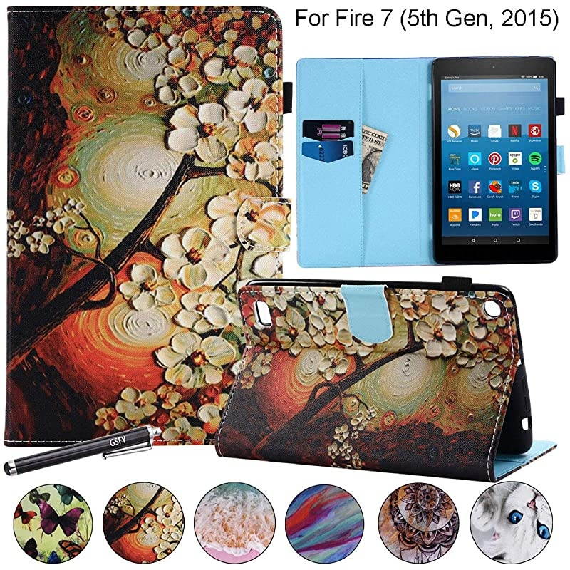 Flip Case for Kindle Fire 7 2015,  Magnetic Leather Stand Protective Case with Card Slots for  Kindle Fire 7 (Only Fit Fire 7" Display 5th Generation 2015 Release) - Plum Flower