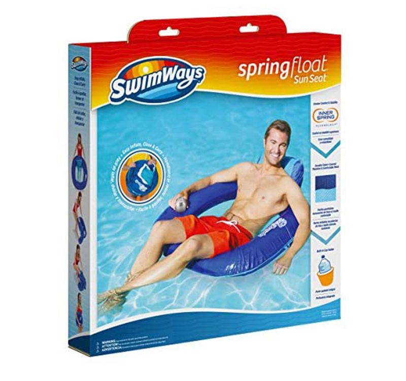 SwimWays 6060074 Spring Float SunSeat Comfortable Summertime Relaxation Lounge Seat with Cup Holder for Water Pool Lake River Ocean Pond Beach, Blue
