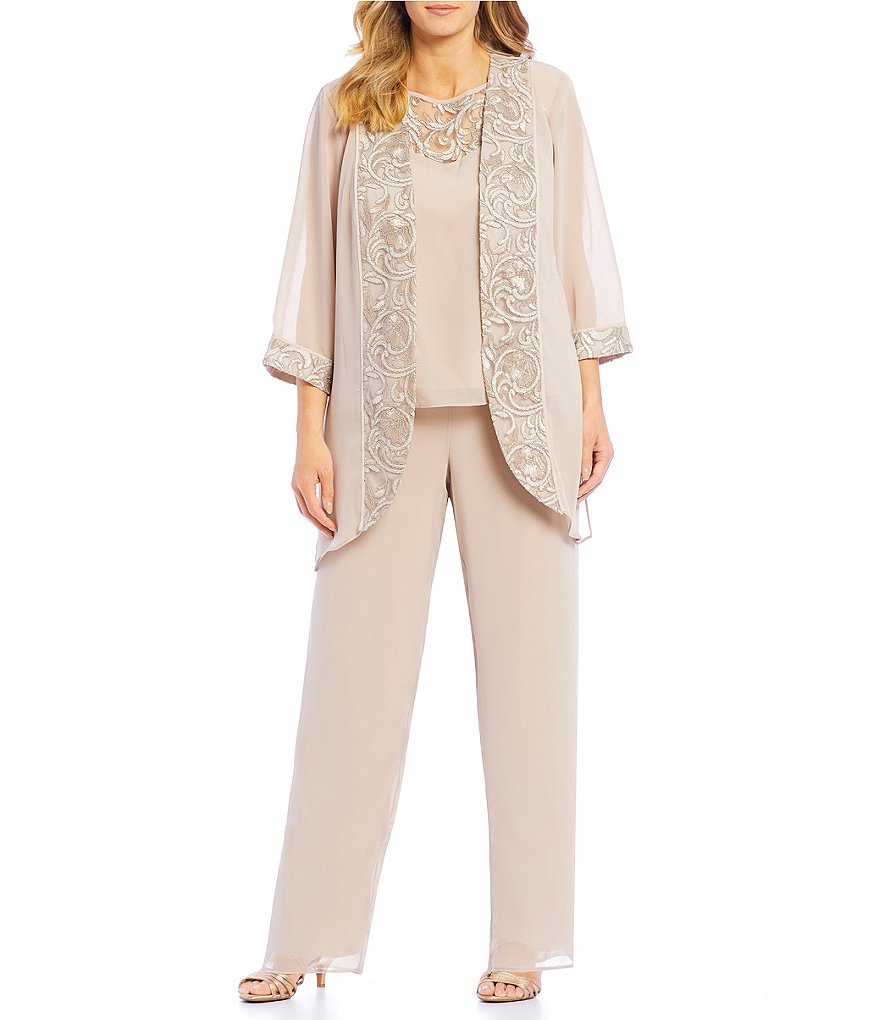 Le Bos Plus Size Round Neck 3/4 Sleeve 3-Piece Embroidered Trim Duster Pant Set