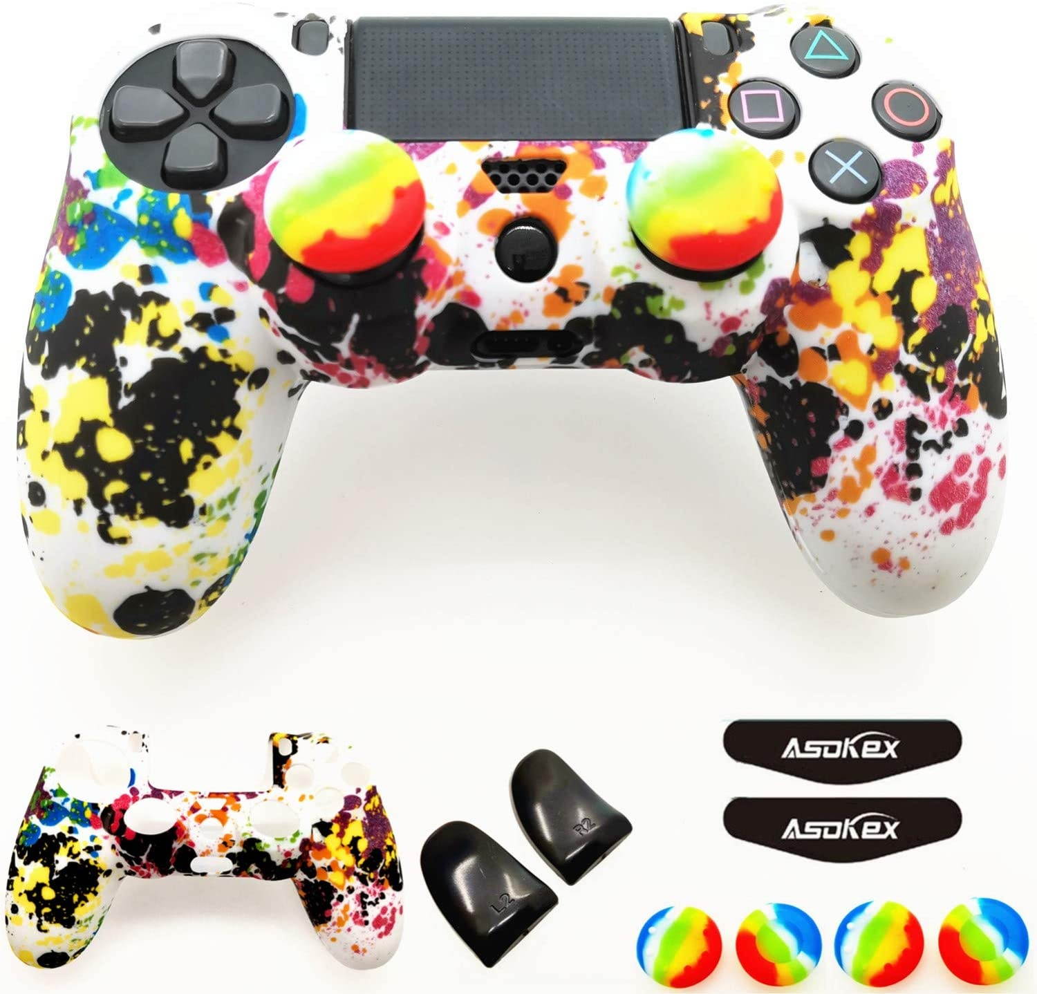 Silicone Skin Cover for Ps4 Controller (1pc Anti-Slip Case, 1 Pair L2 R2 Trigger Extender, 4pcs Thumb Grips,4pcs LED Light Bar Decal) Protector for DualShock PS4/ Slim/Pro Controller