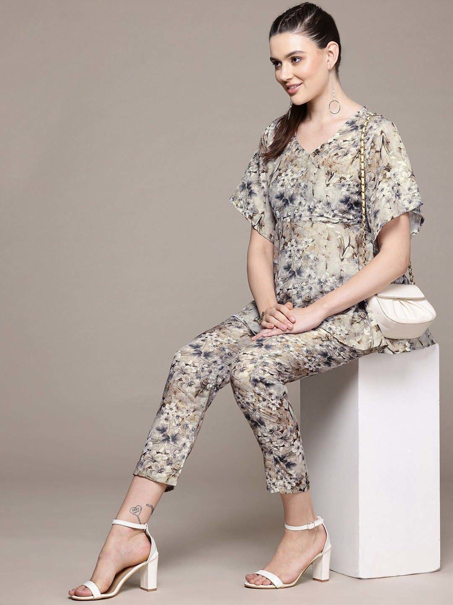 READIPRINT FASHIONS Beige Printed Tunic Pant Set