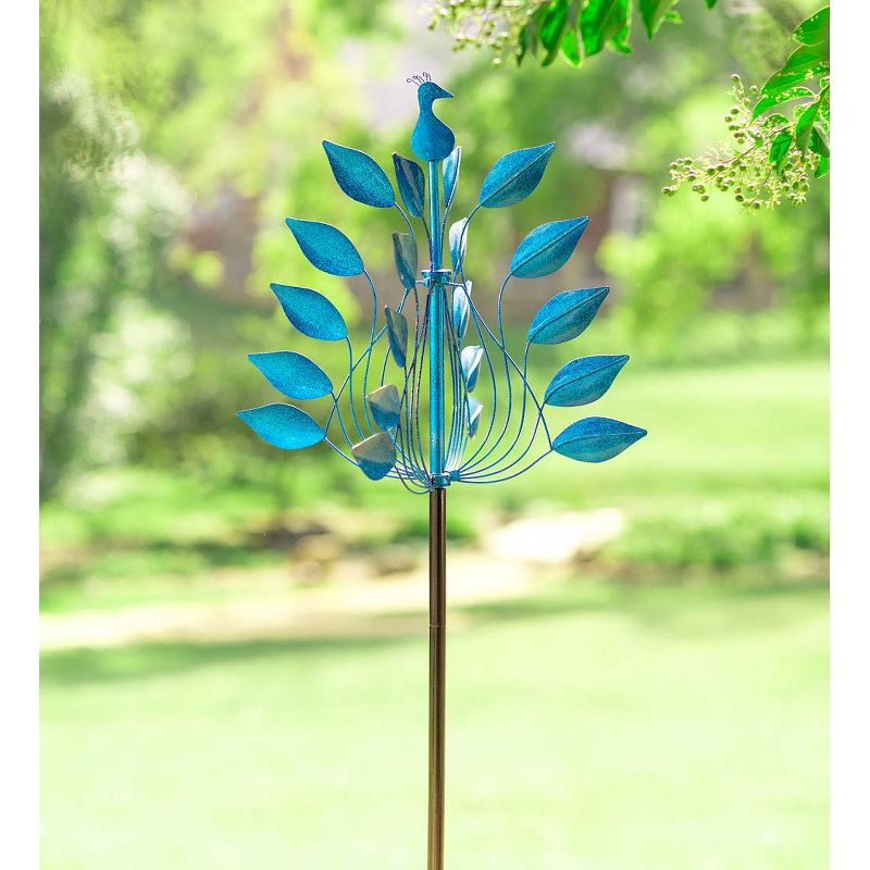 Wind & Weather Cobalt Leaves Metal Peacock Wind Spinner