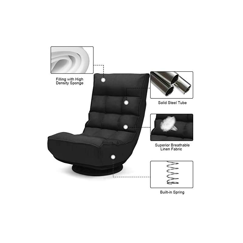 360 Degree Swivel Gaming Chair, 5-Position Adjustable Folding Floor Chair, 300lb Spring Support, Comfortable Padded Backrest, Lazy Sofa Chair Game Rocker for Teens Adults (Black)