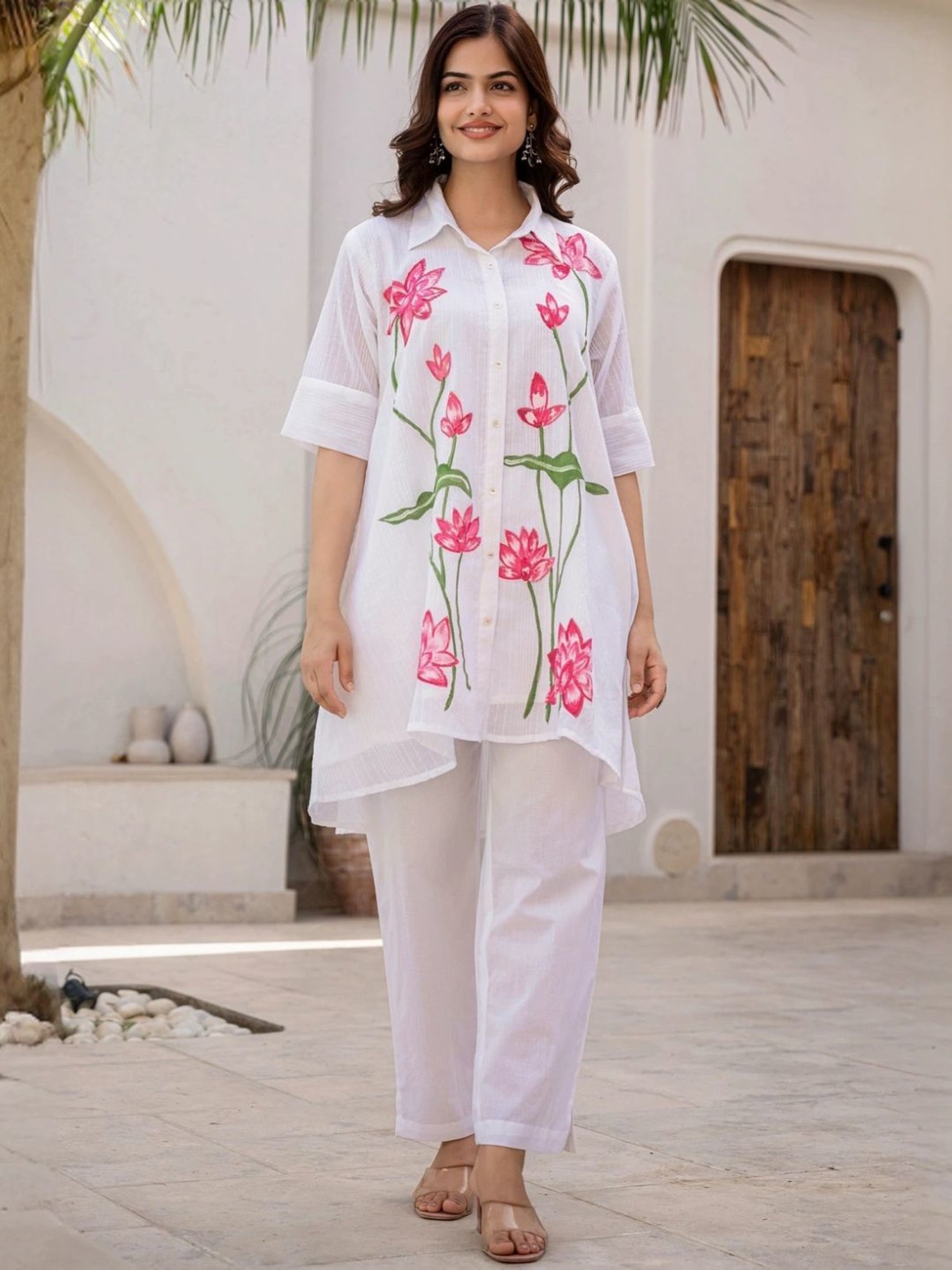 Autumnlane White Teresa Lotus Cotton Tunic with Pant Co-ord Set