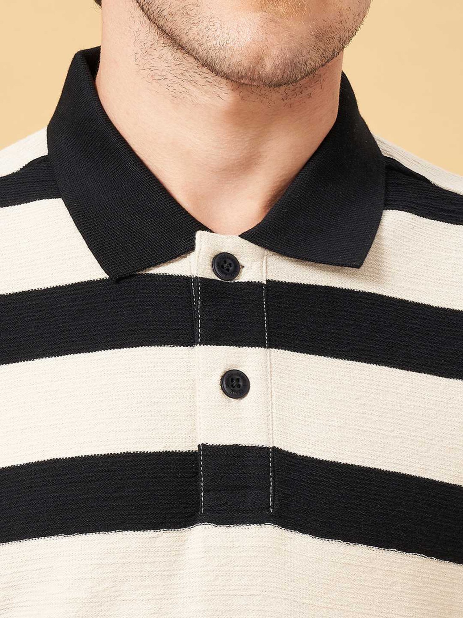 People by Pantaloons Jet Black Cotton Regular Fit Striped Polo T-Shirt