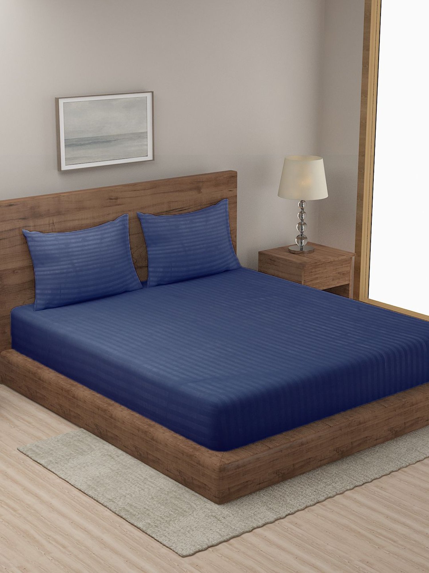 Hosta Homes Stripes Blue 280 TC Poly Satin Fitted King Bed Sheet with 2 Pillow Covers