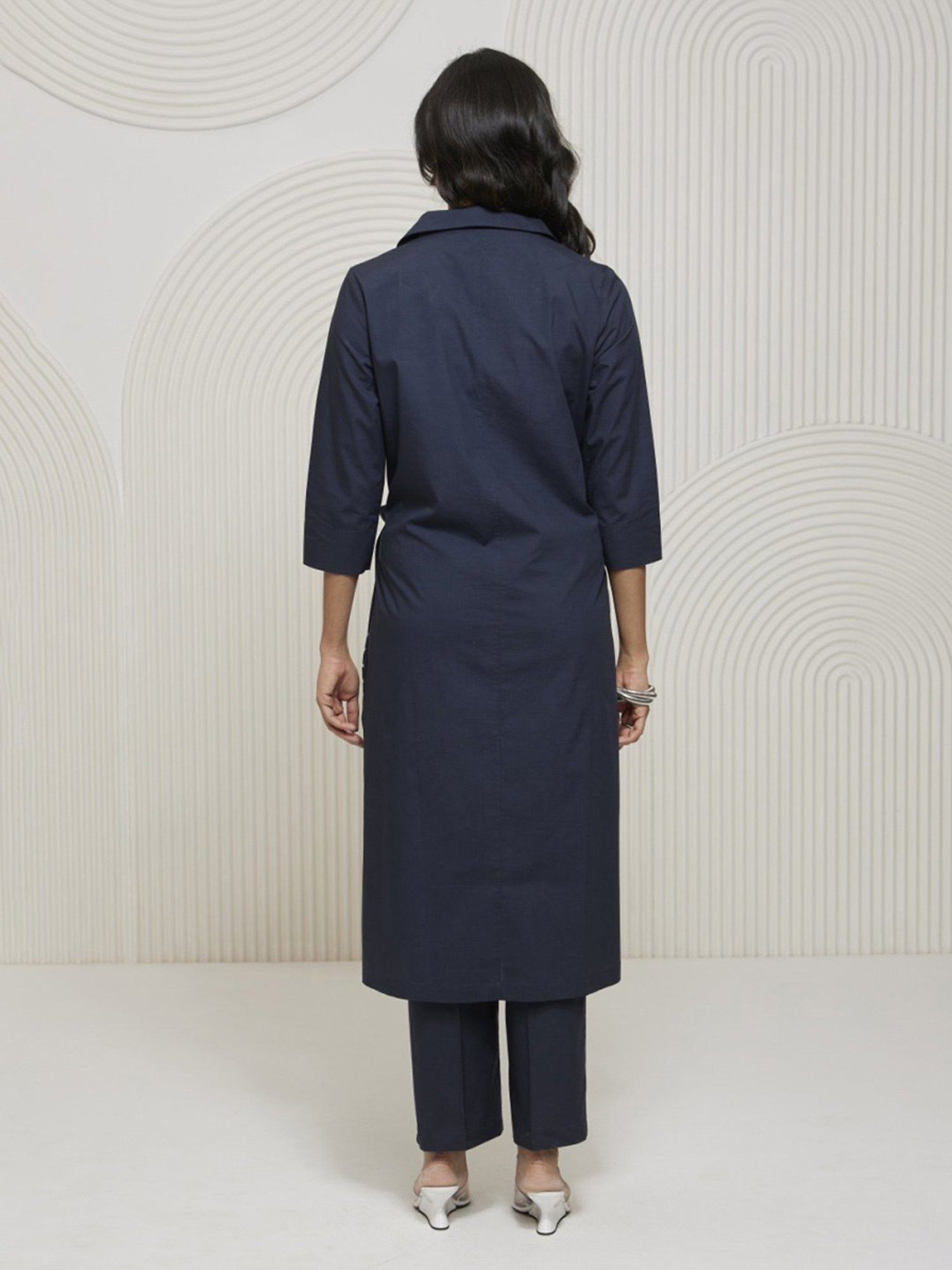 Artagai Midnight Navy Elevated Basics Co-Ord Set With Notch Collar Top And Straight Pants