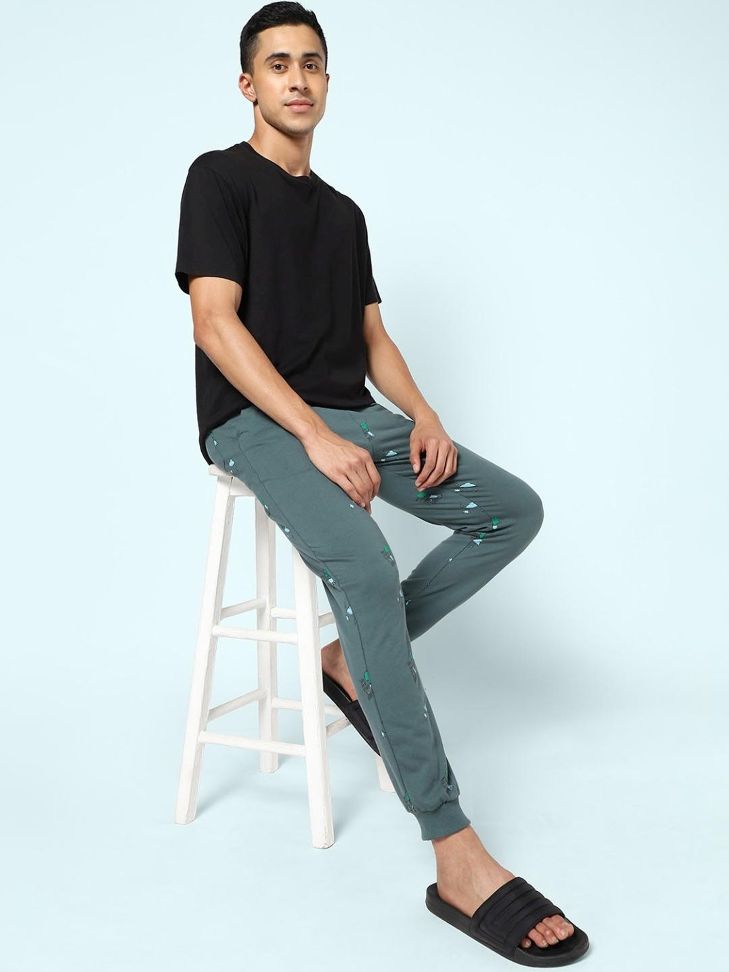 Ajile by Pantaloons Dark Grey Cotton Slim Fit Printed Nightwear Joggers