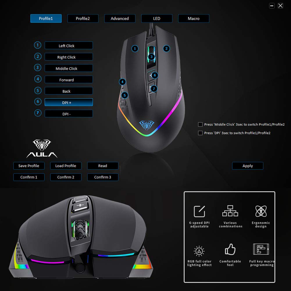AULA RGB Gaming Mouse with Side Buttons Macro Programming 10000 DPI Adjustable 14 Key Wired USB Backlit Mouse for Desktop Laptop - H510 White