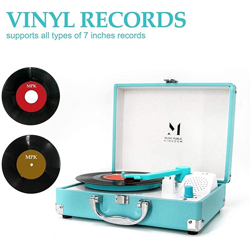 Player, Portable Mini Suitcase Turntable for 7 Inch Vinyl , Belt-Drive 2-Speed Turntable with Built in Stereo Speaker (Blue)