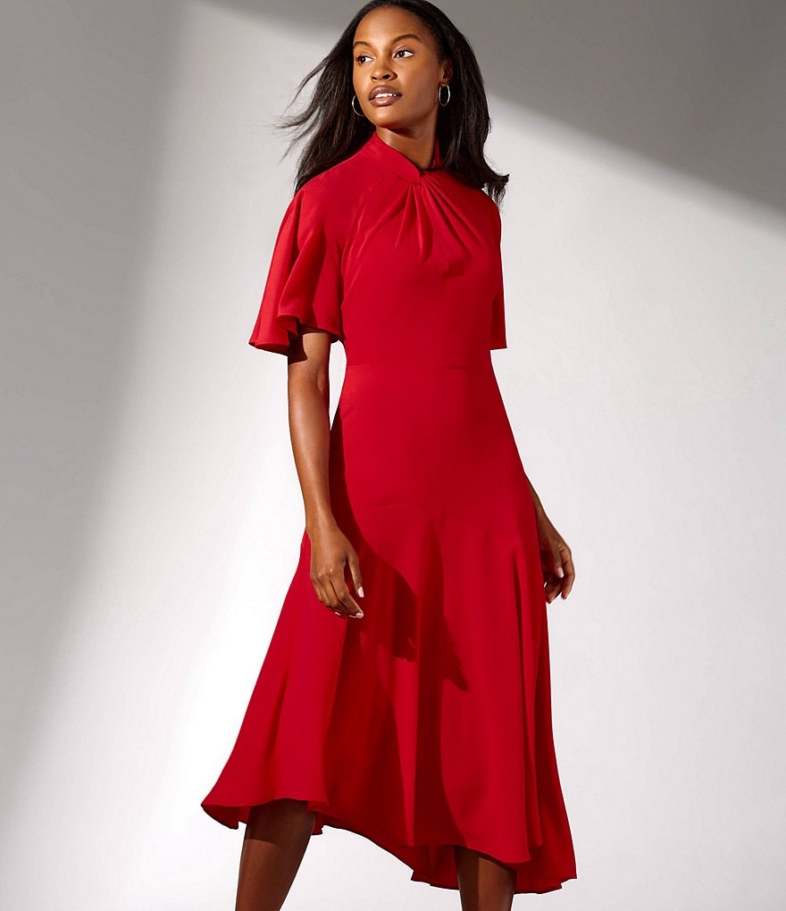 Maggy London Asymmetrical Crepe Midi Stretch Dress
