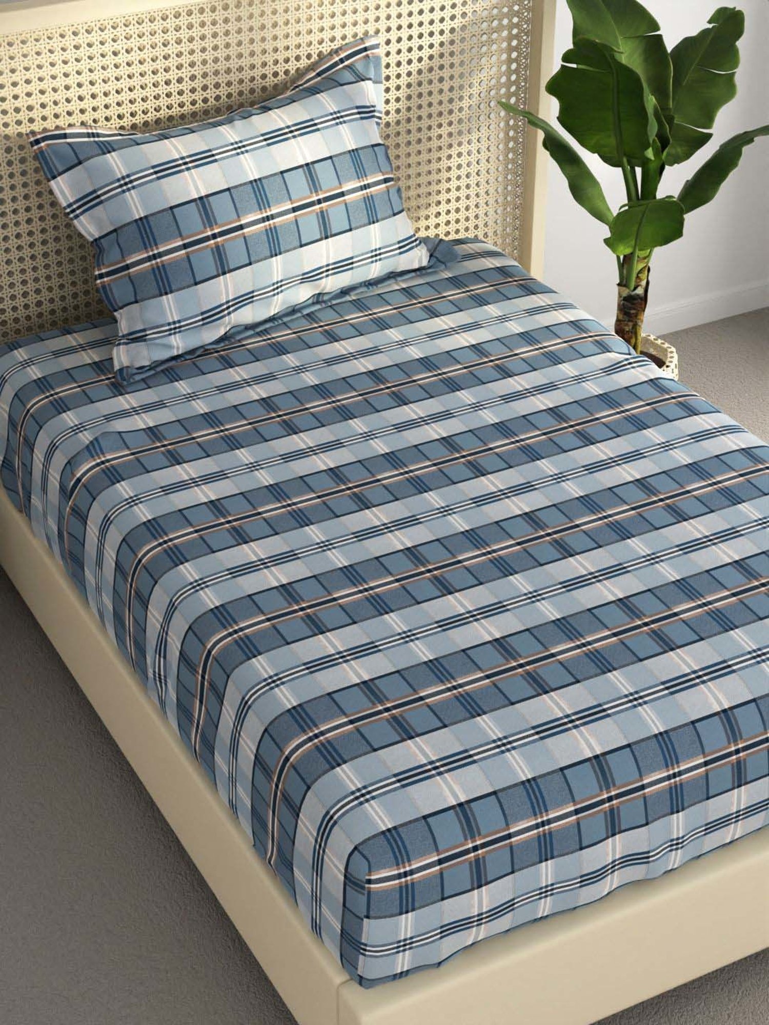 Bianca Estonia Blue 116 TC Poly Cotton Single Bedsheet with 1 Pillow Cover