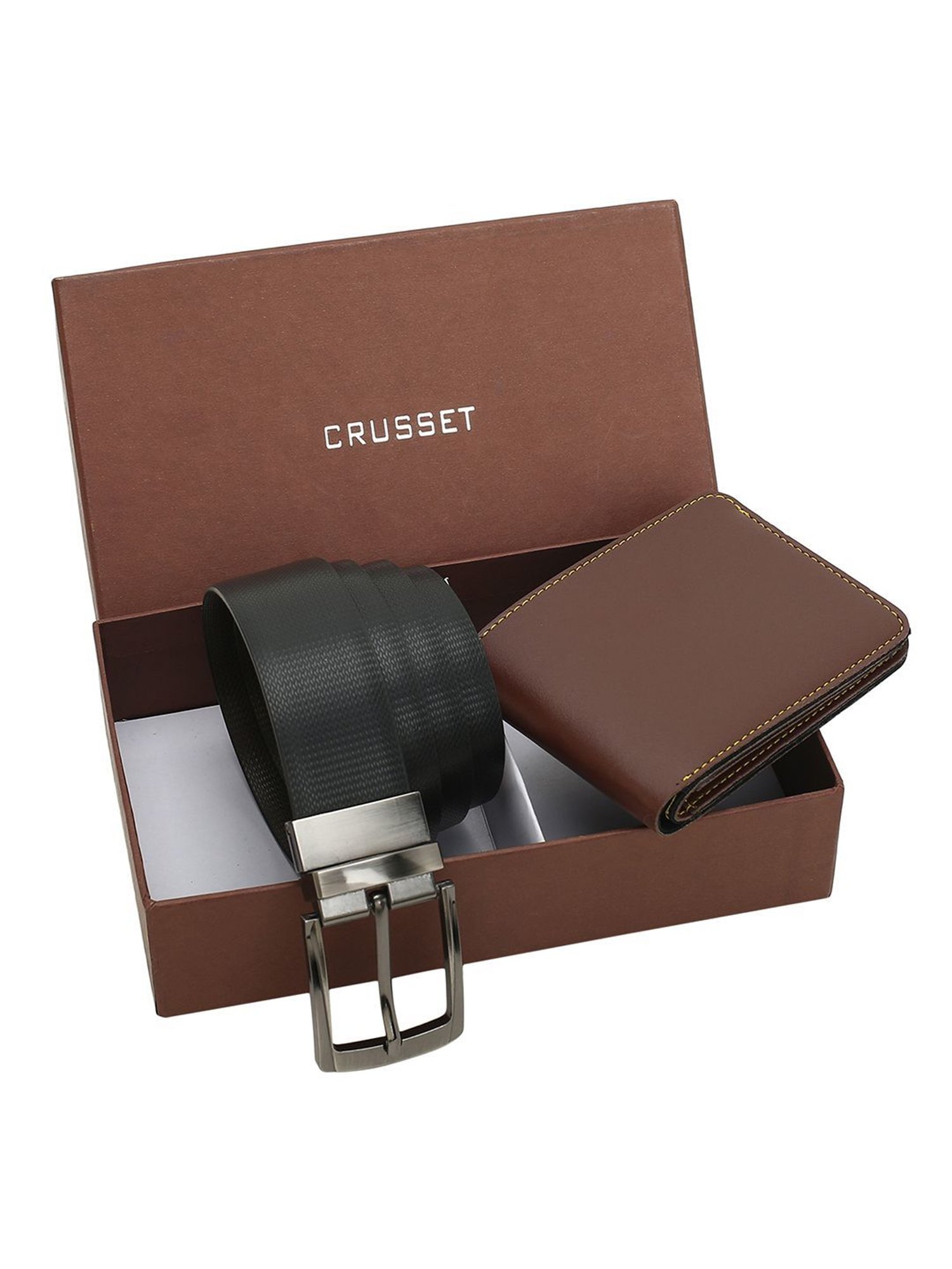 Crusset Black & Brown Reversible Formal Belt & Bi-Fold Wallet Combo Set for Men