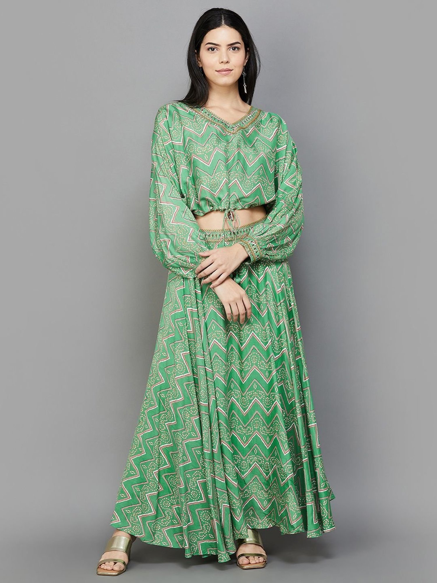 Melange by Lifestyle Green Printed Top Skirt Set