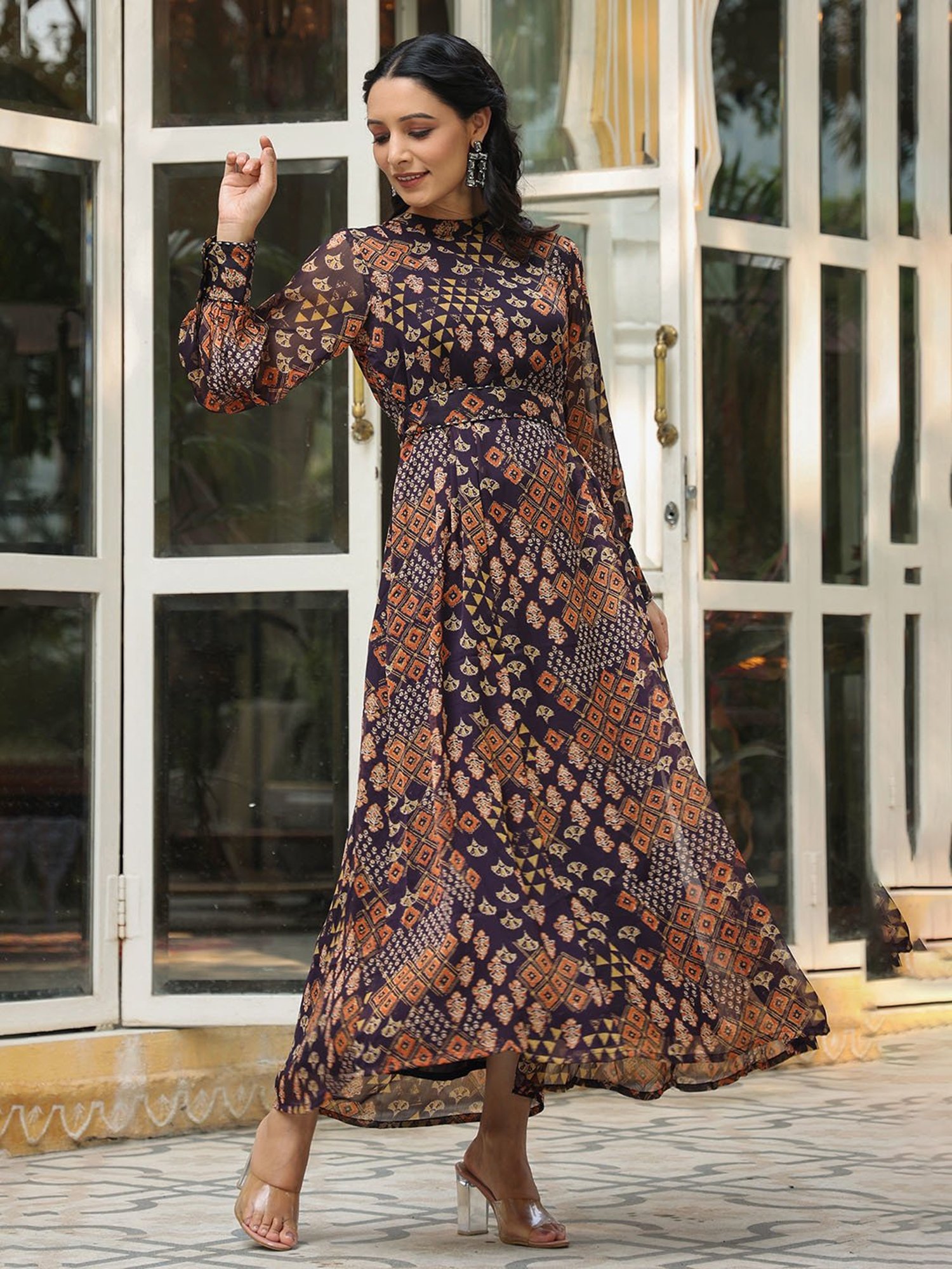 Juniper Black Ethnic Motif Printed Chiffon Flared Maxi Dress With Buttons