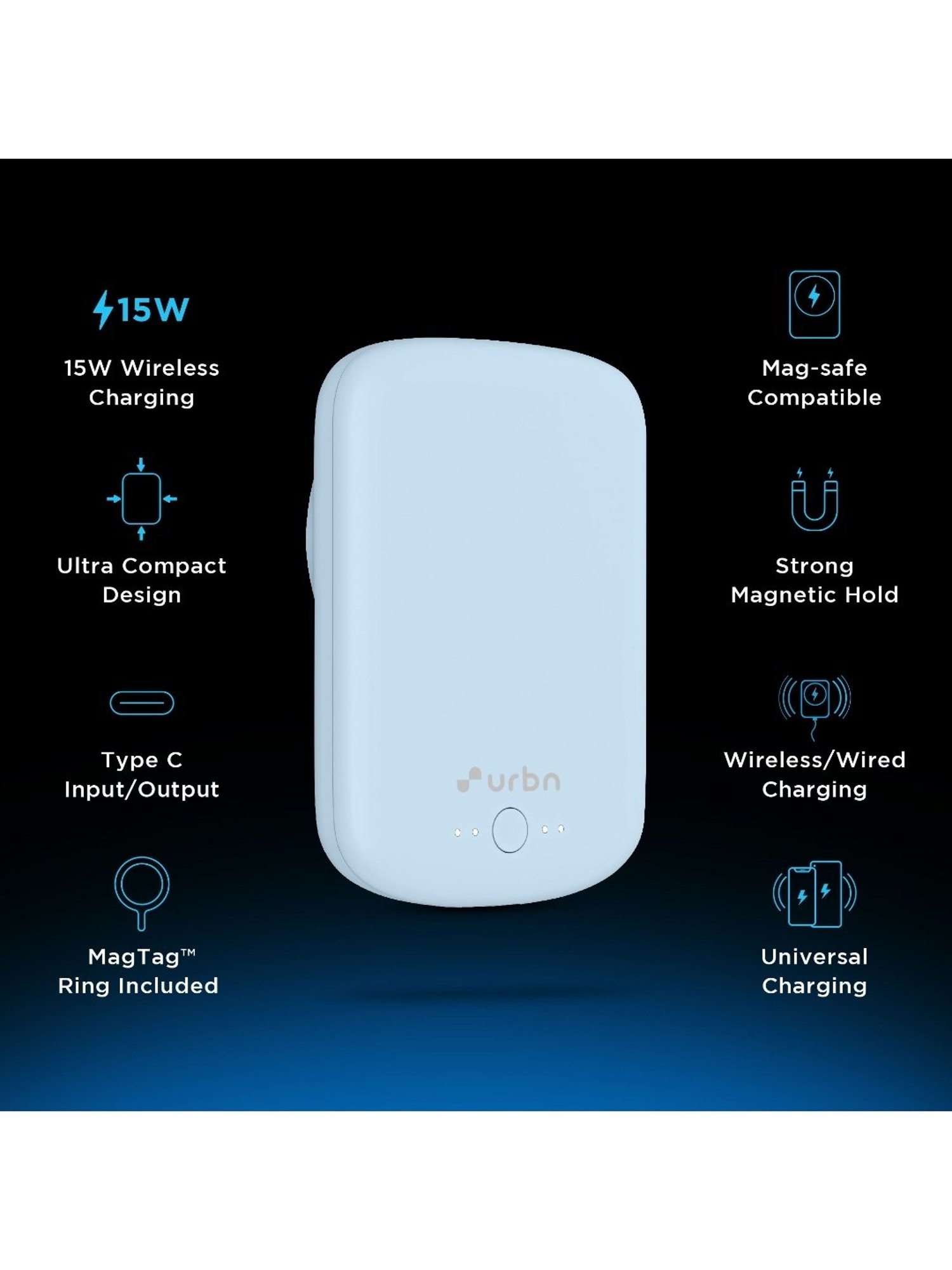 URBN 5000 mAh 15W Compact Magsafe Power Bank w MagTag Ring (Light Blue)