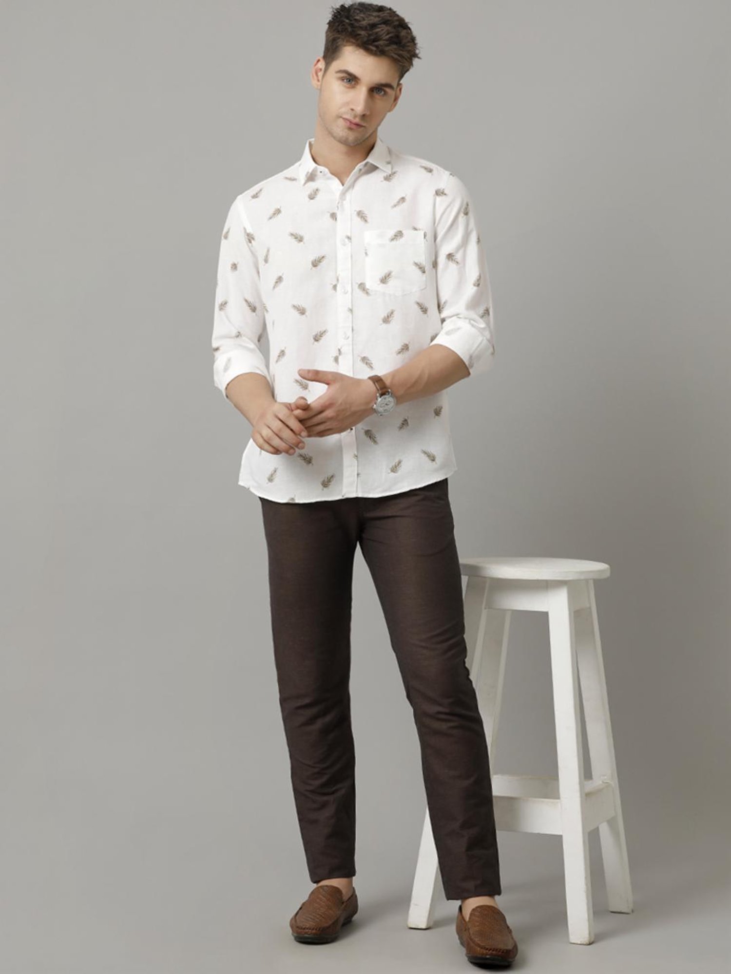 Linen Club White Linen Contemporary Fit Printed Shirt