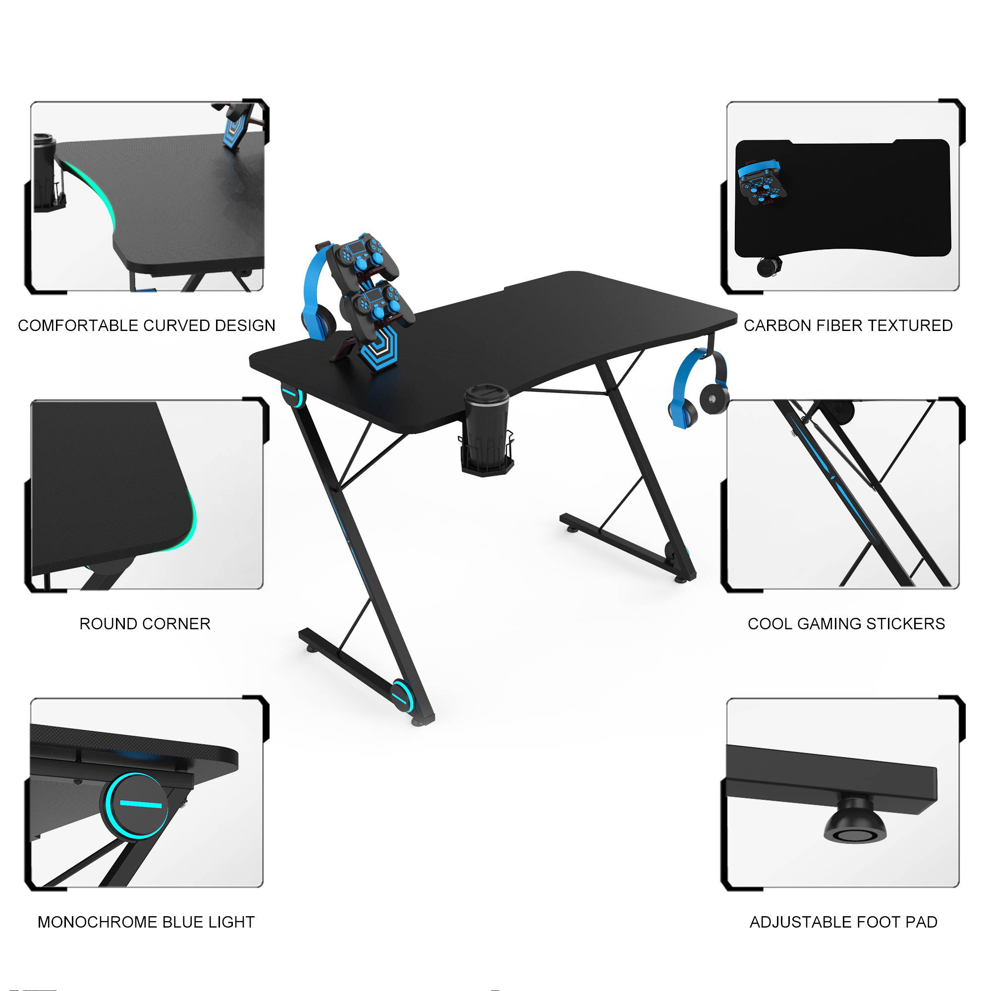 43.3 Inch Z-Shaped Gaming Desk Ergonomic Home Office Computer Desk with LED Lights Large Carbon Fiber Surface  Game Handles Holder Cup Holder Headphone Hook Black