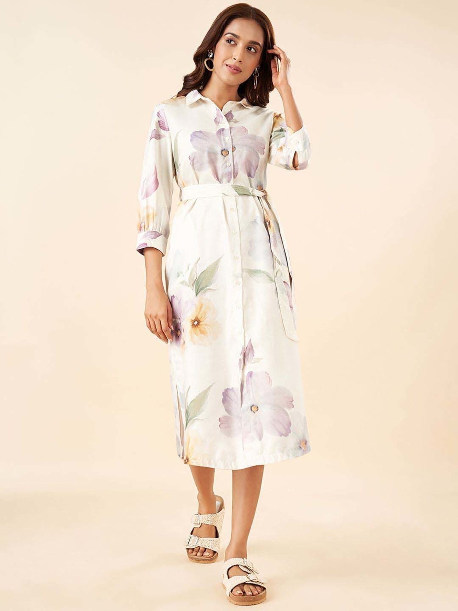 Akkriti by Pantaloons Purple Linen Printed A-Line Dress