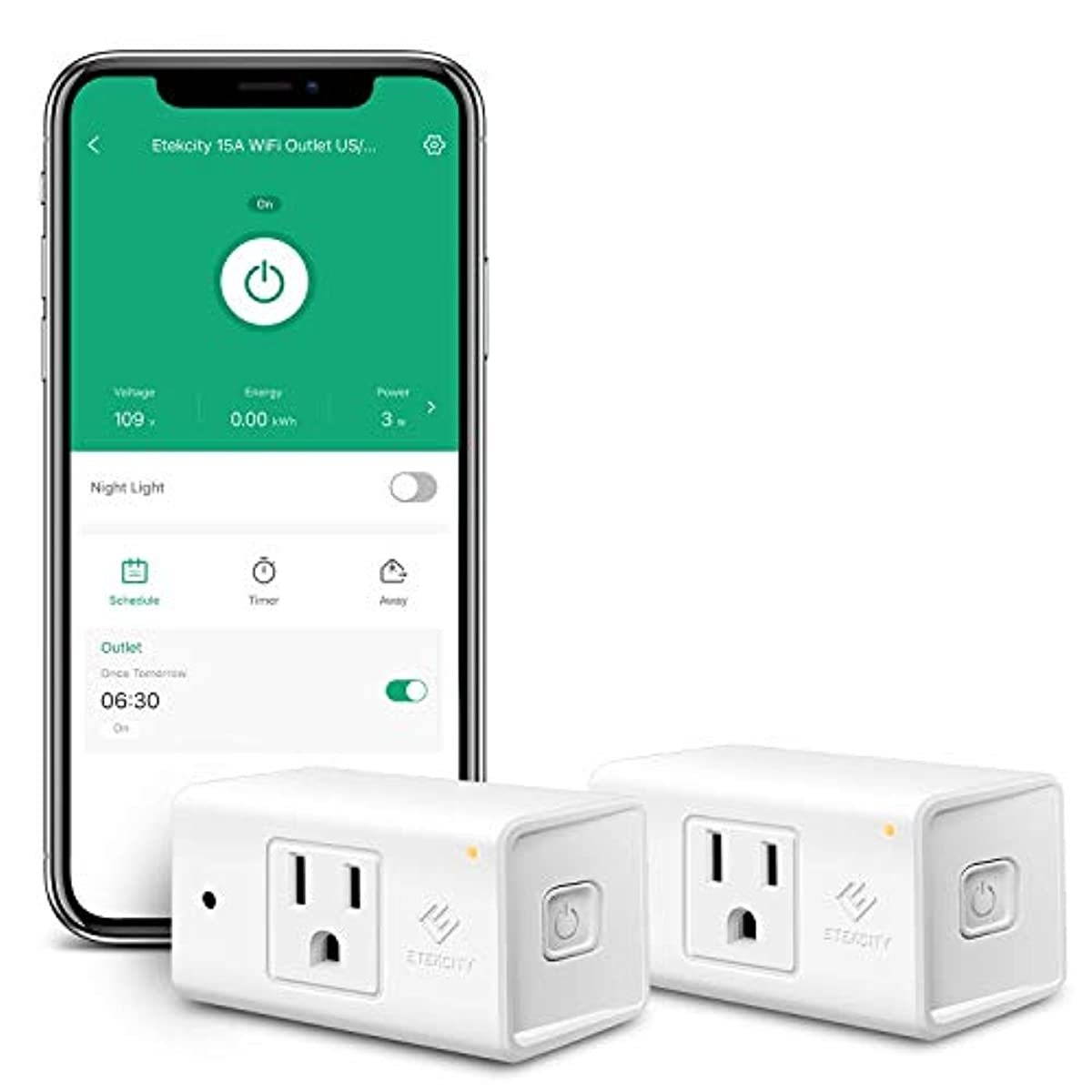 Etekcity ESW15 WiFi Energy Monitoring Smart Plug, Works with Alexa and Google Home, Compact Size, 15 Amp, White, 2 Pack