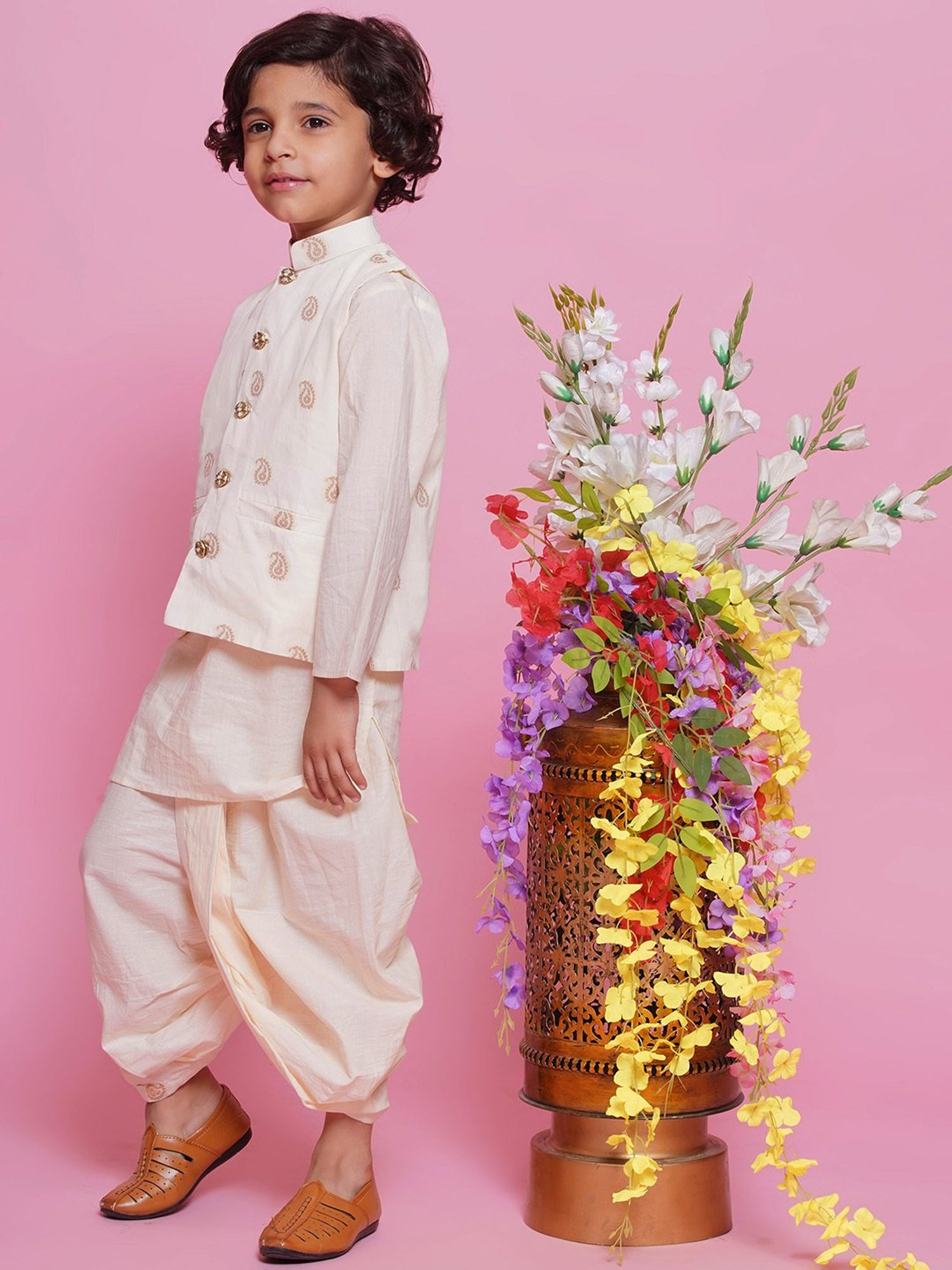 Little Bansi Boys Cream Self Design Full Sleeves Kurta, Dhoti with Jacket