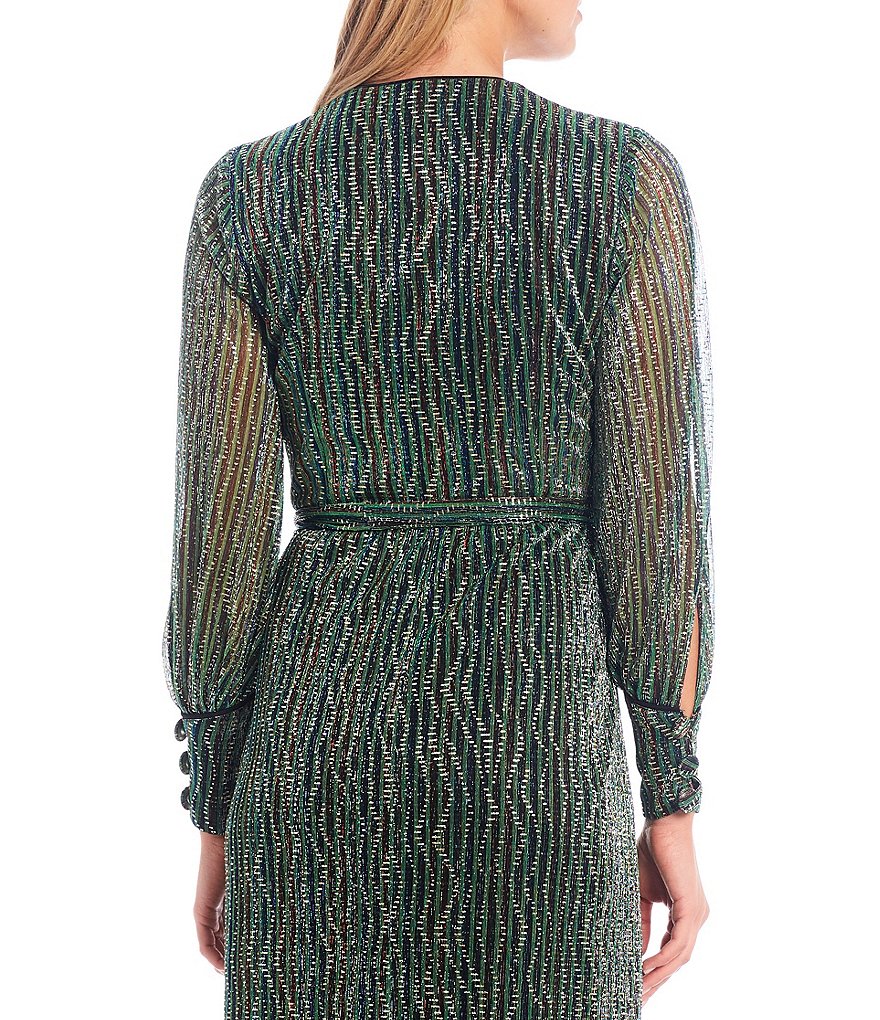 Harlyn Metallic Knit V-Neck Long Sleeve Wrap Midi Dress