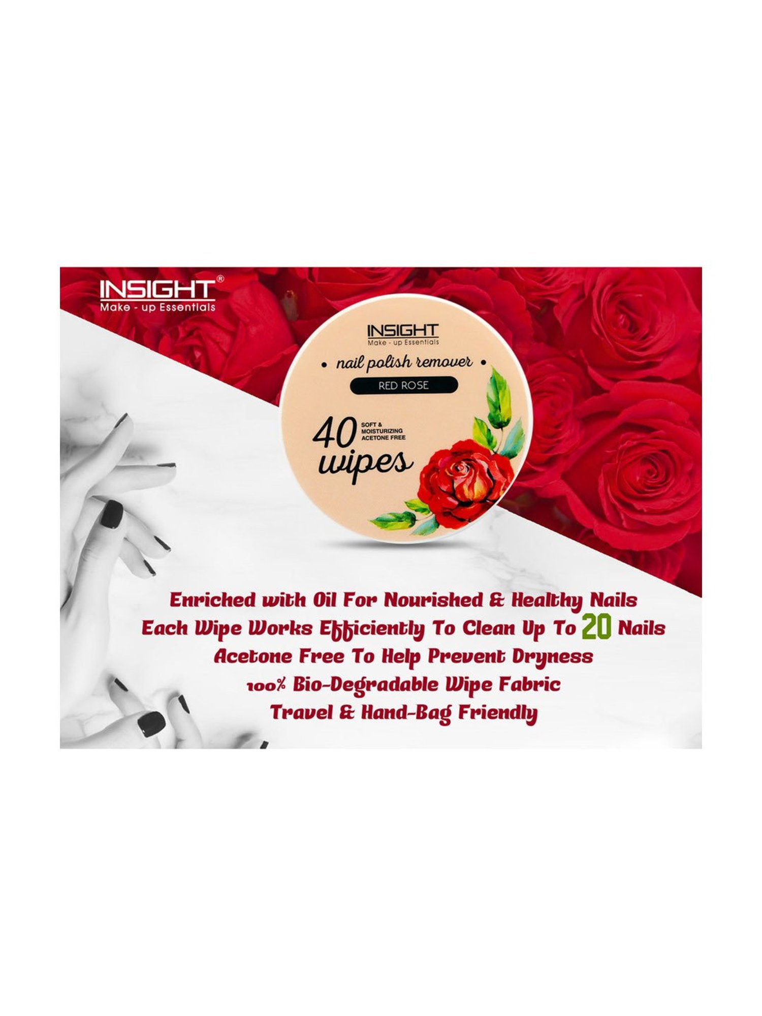 Insight Cosmetics Nail Polish Remover Wipes Red Rose - 40 Wipes