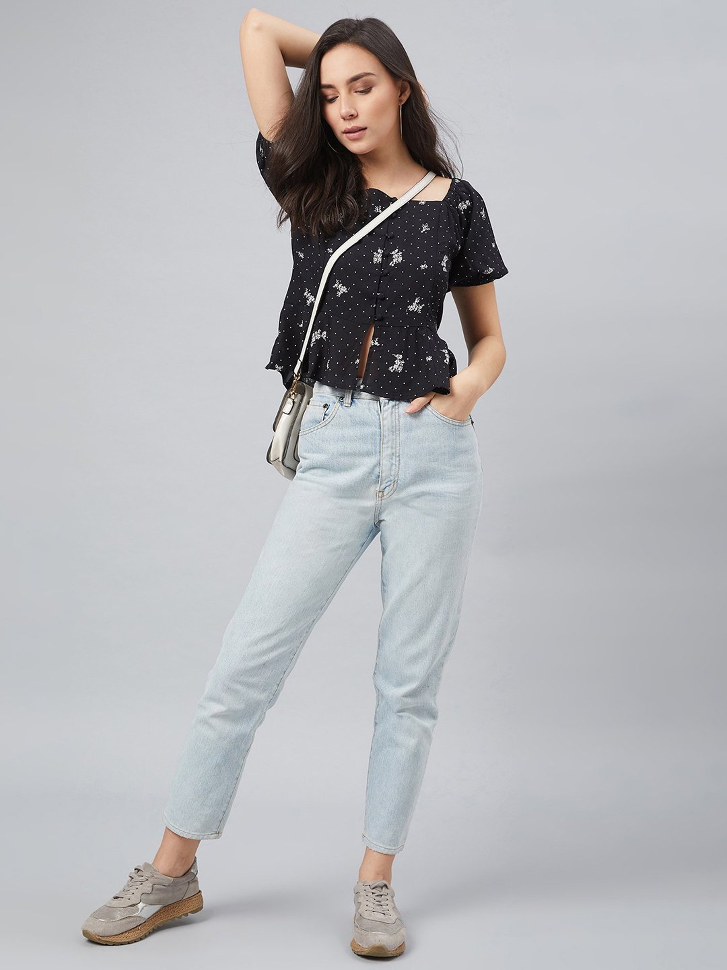 Marie Claire Black Floral Print Peplum Top