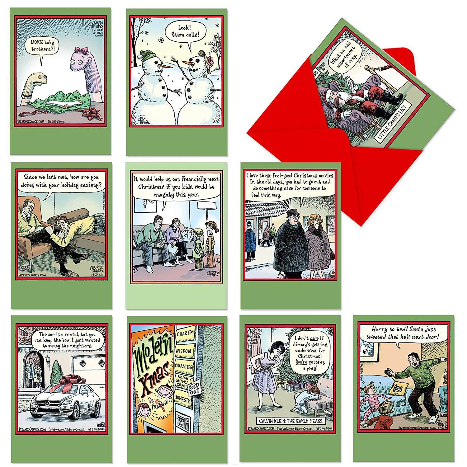 10 Hilarious 'Bizarro by Piraro' Merry Christmas Cards (4-5/8" x 6-3/4") - Assorted & Boxed Cartoon Holiday Cards with Envelopes - Funny Bulk Xmas Greeting Card Stationery for Family, Friends #A1256