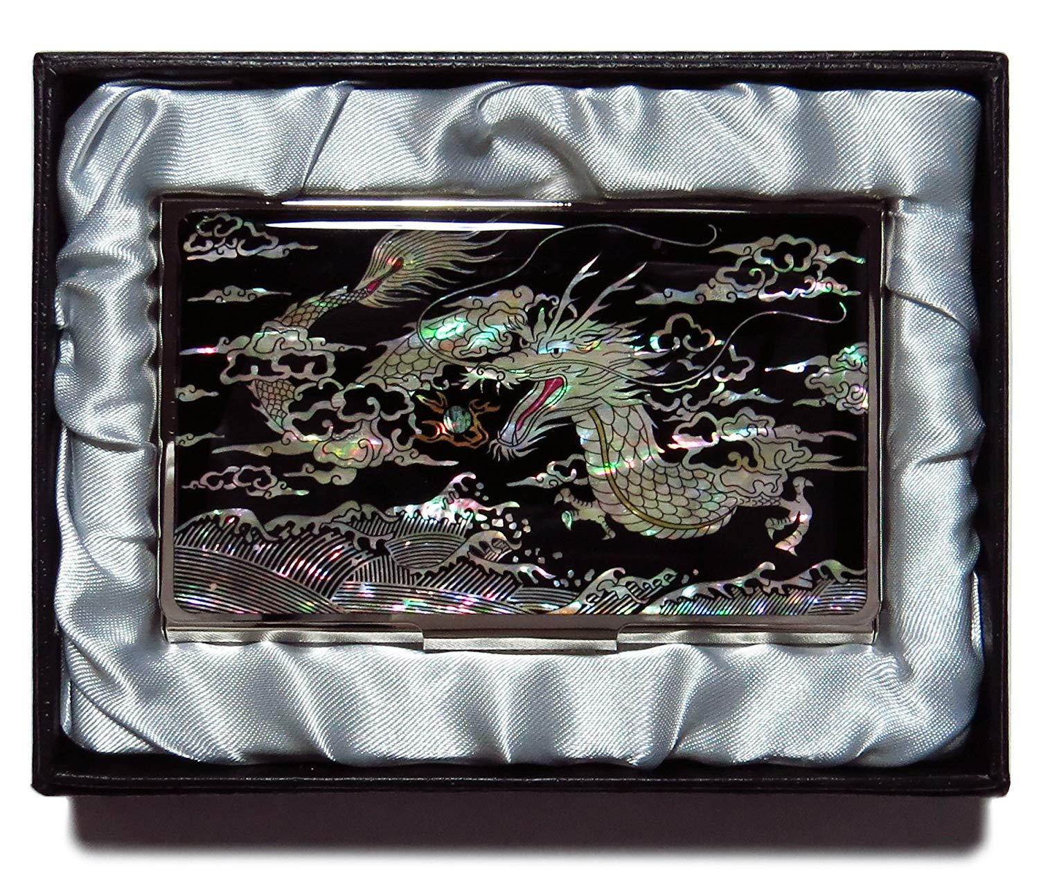 Dragon Black Business Credit Card Case Id Holder Metal Travel Wallet Mother of Pearl
