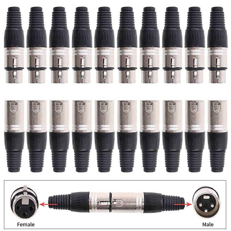 20 Pack XLR 3 Pin Male/Female Plugs Audio Mic Microphone Cable Plug Connector Audio Socket, Black Sliver Housing