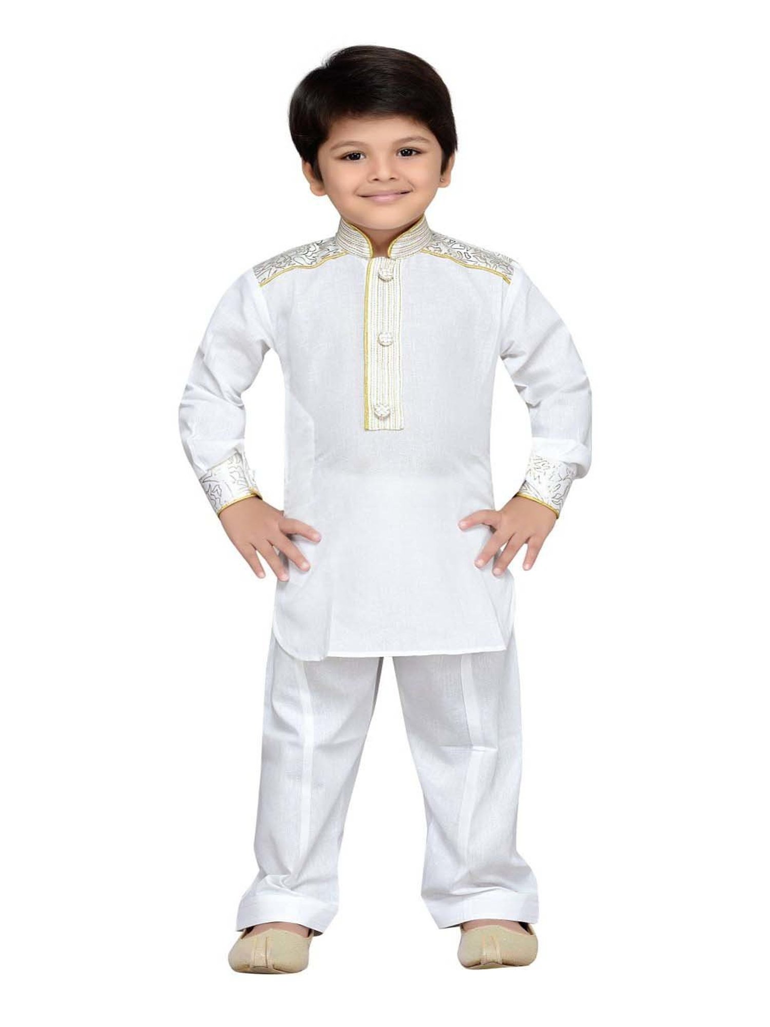 AJ Dezines Kids White Cotton Embroidered Full Sleeves Kurta Set
