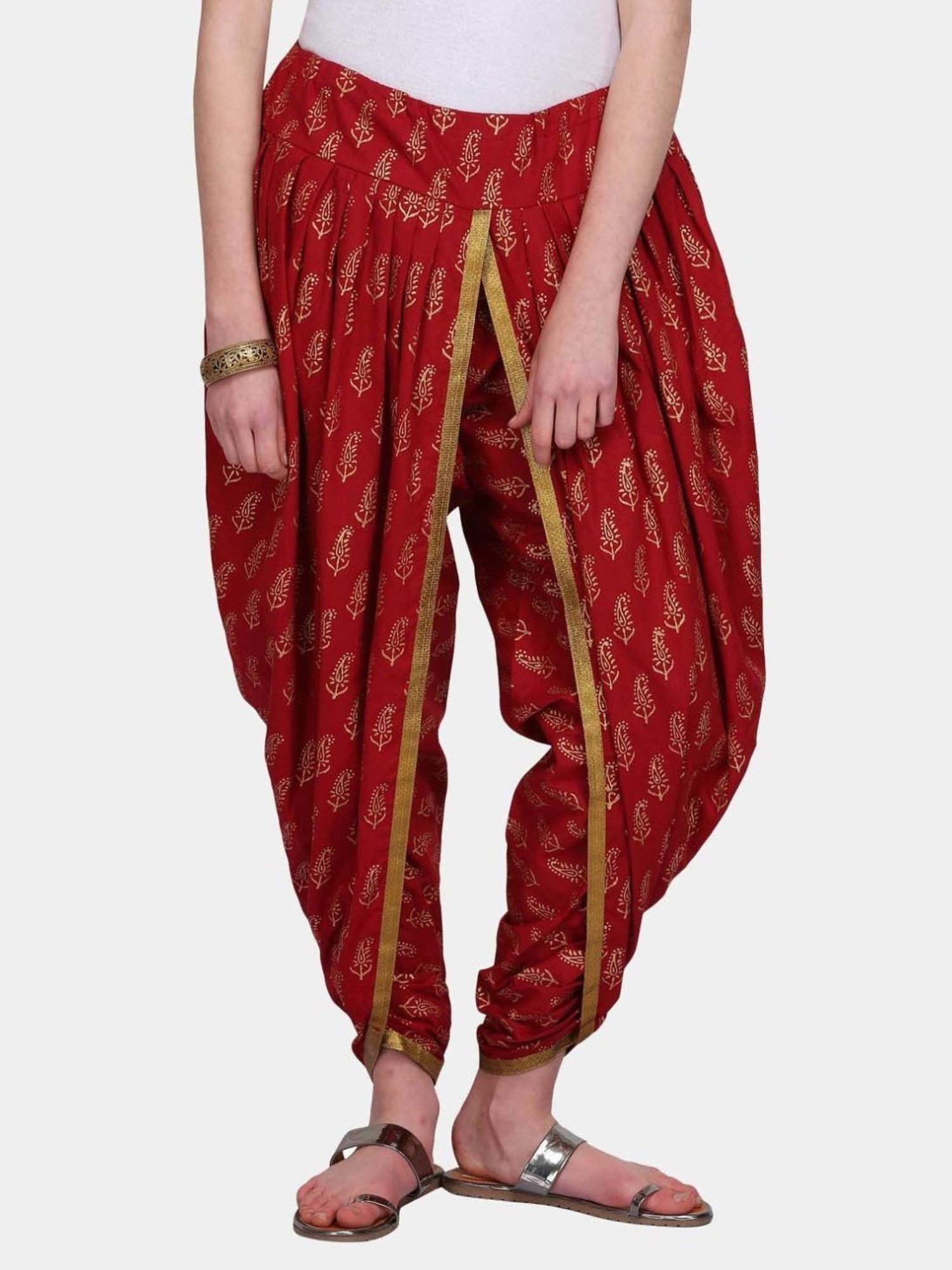 Kaanchie Nanggia Red Cotton Printed Dhoti Pants