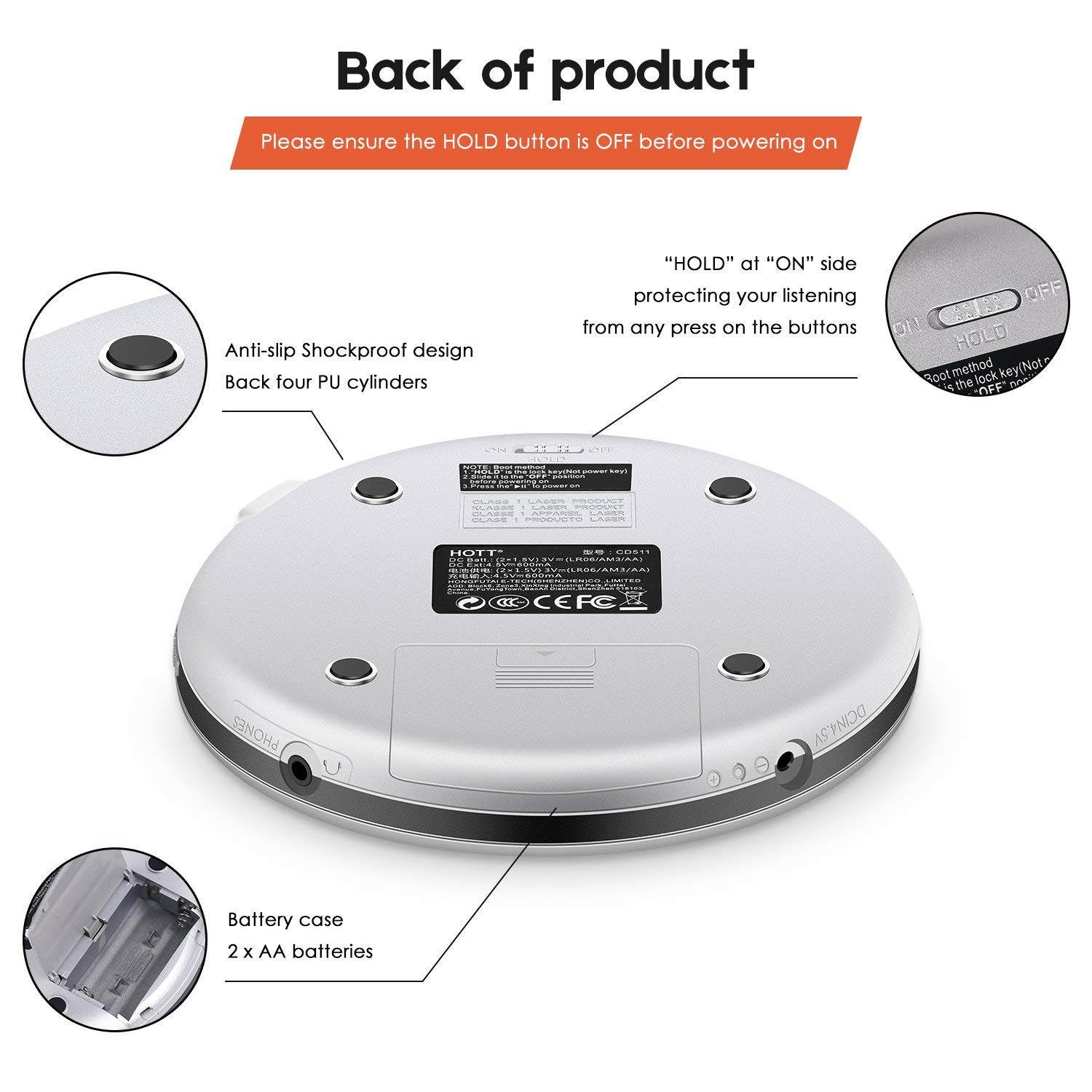 CD Player with Headphones, HOTT Personal CD Walkman Music Player with LCD Display, Skip Protection Shockproof Anti Scratch Function, Support CD, MP3 CD, CD-R, CD-RW Format - Black