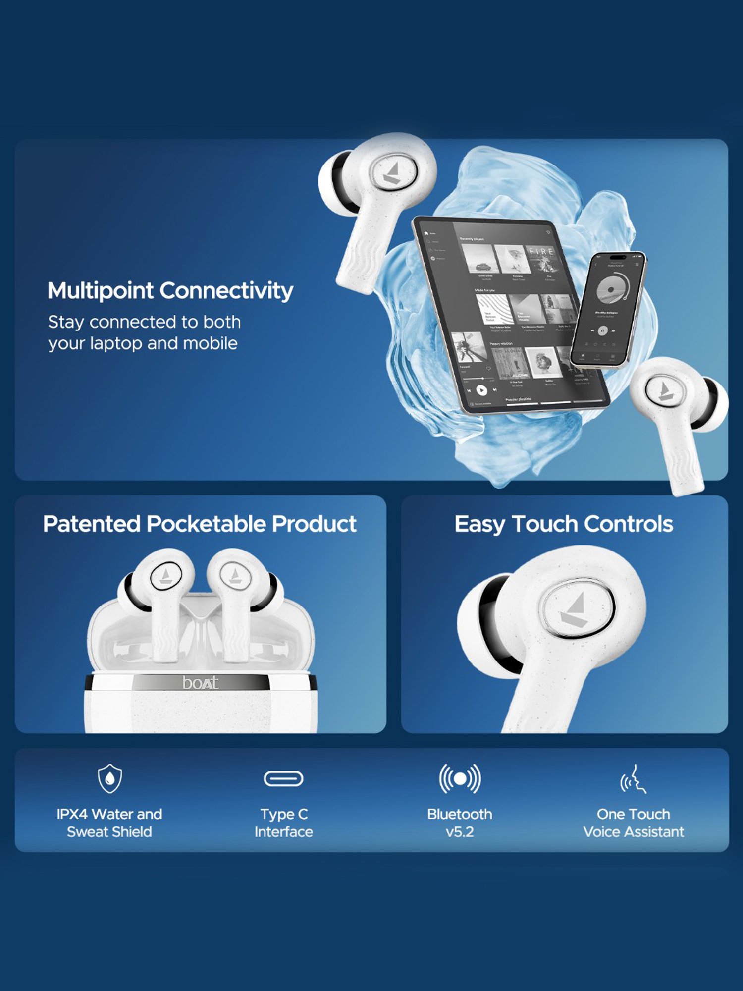 Boat Nirvana Ion IN Ear BT Earbuds with 32dB ANC & 120H Playtime (Quartz White, True Wireless)