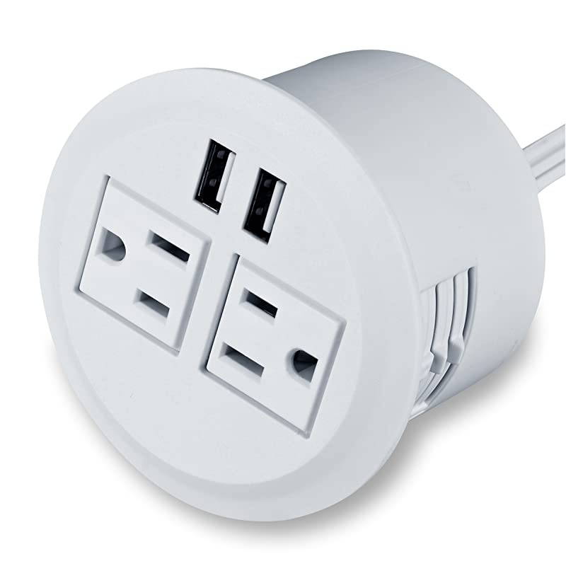 Desktop Power Grommet Power Outlet Socket Desk Data Center 2 Outlet with 2 USB Ports with 10 FT Extension CordWhite