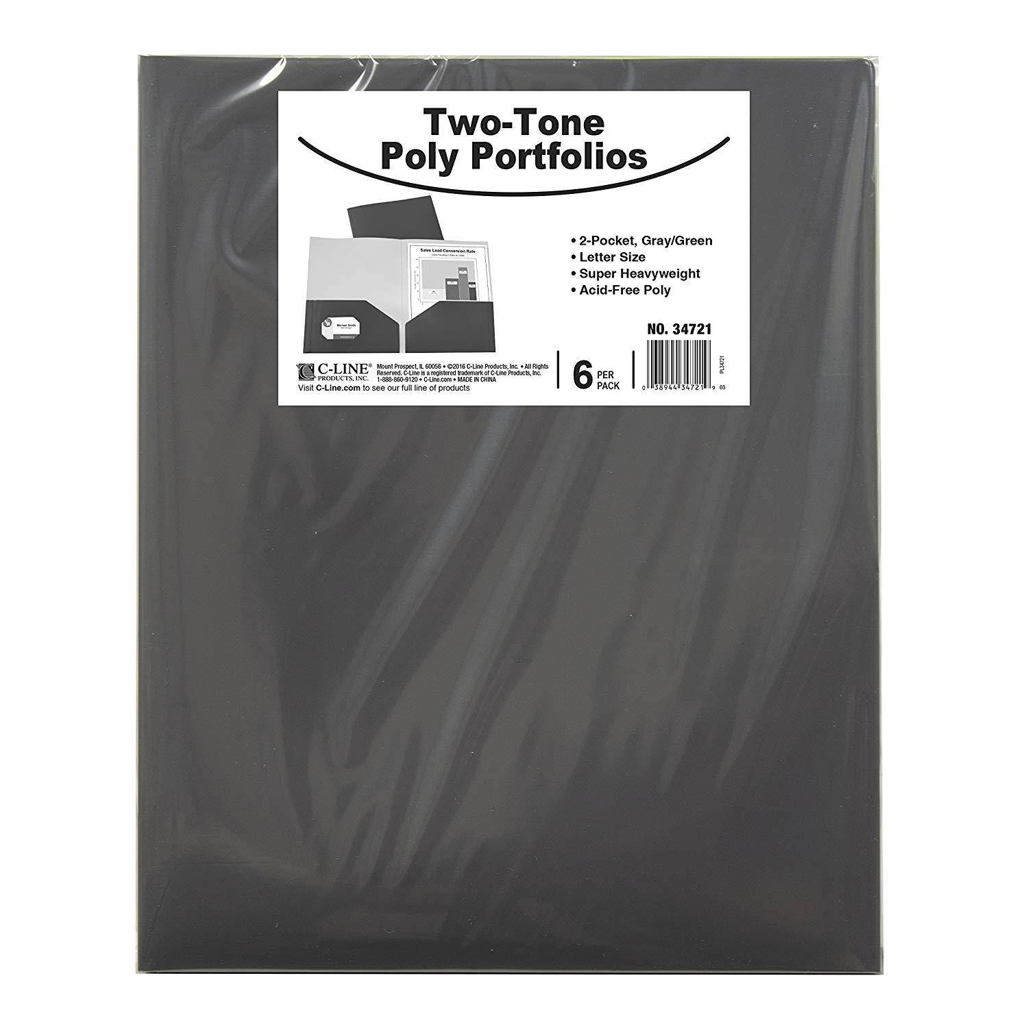 C-Line Two-Tone Pocket Super Heavyweight Poly Portfolio, Pack of 6, Charcoal Gray/Lime Green Interior (34721)