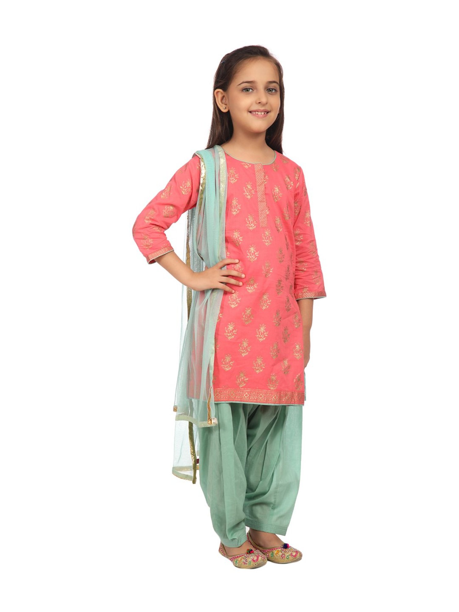 BIBA Girls Pink Cotton Printed Kurta & Salwar With Dupatta