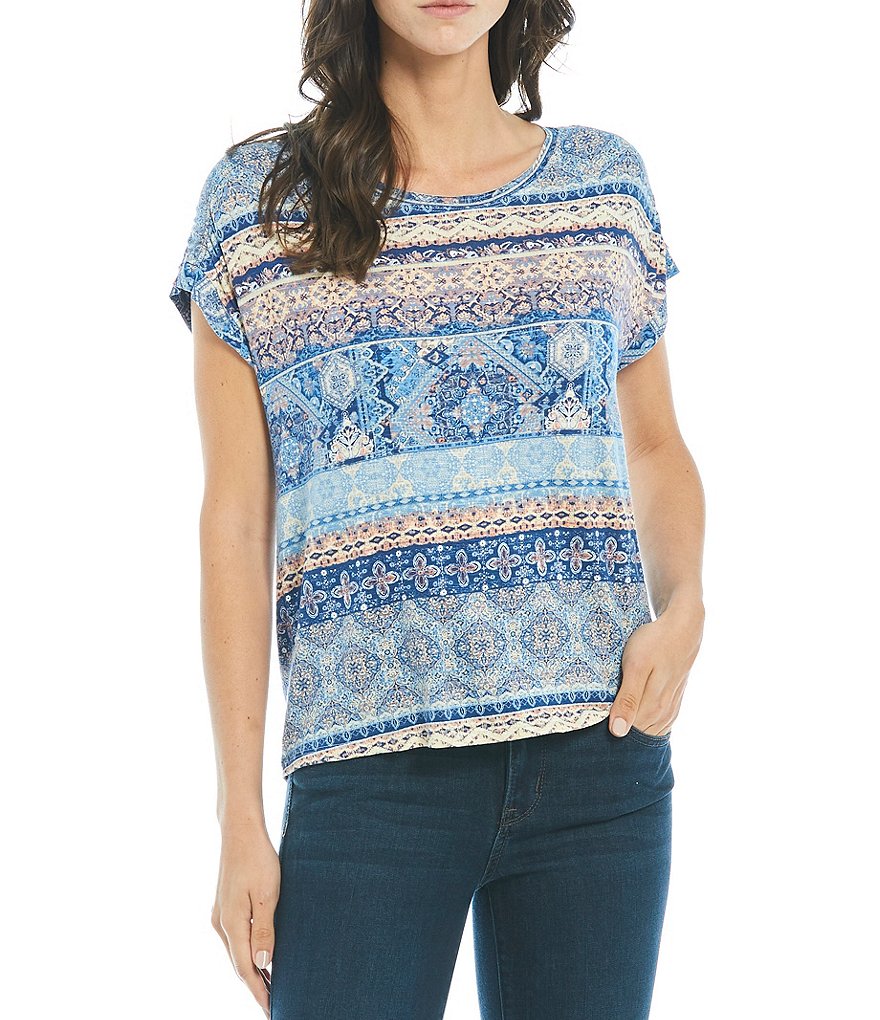 One World Apparel Ethnic Stripe Print Scoop Neck Ruched Extended Shoulder Sleeve Top