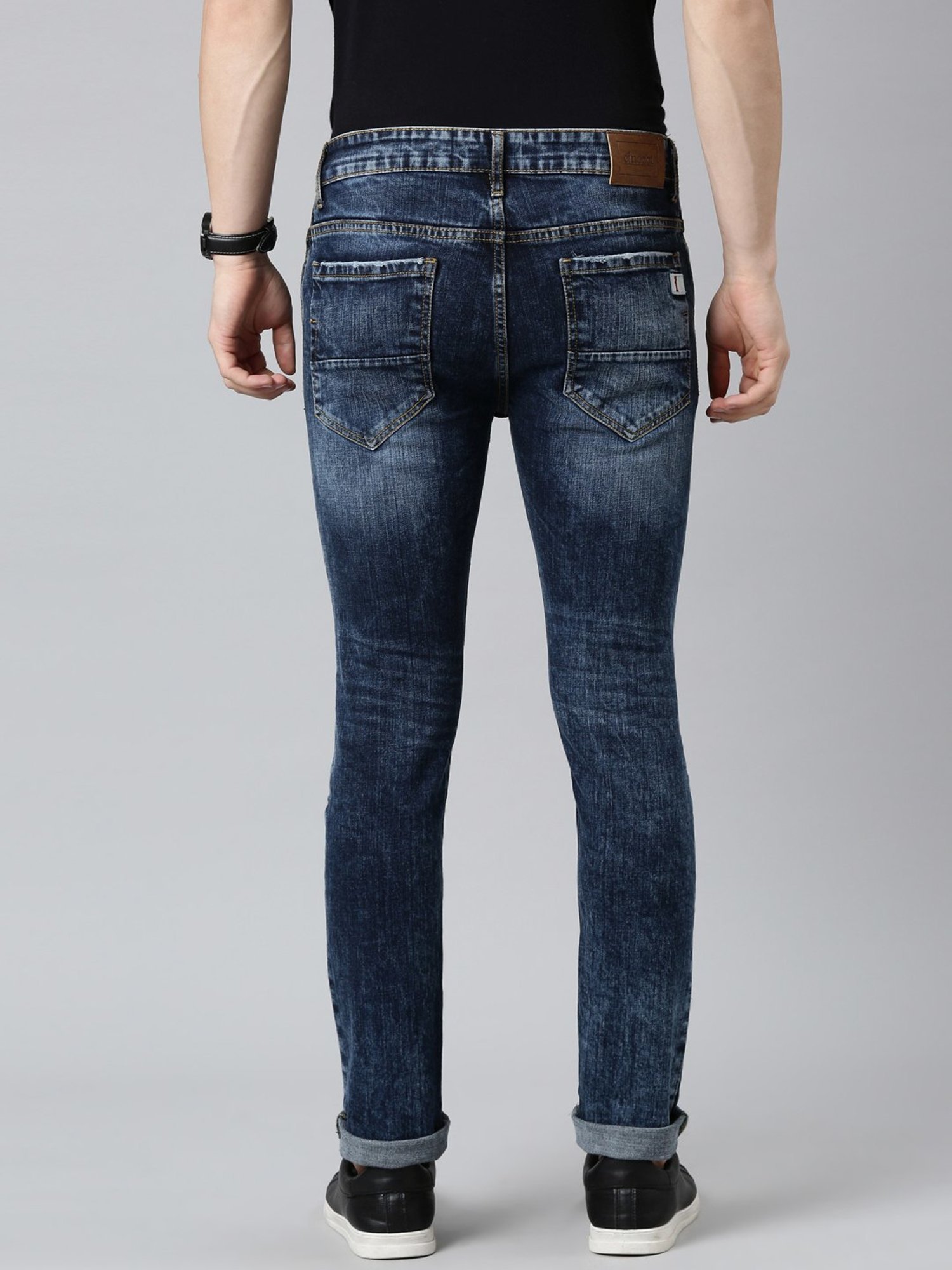 CINOCCI Blue Cotton Slim Fit Distressed Jeans