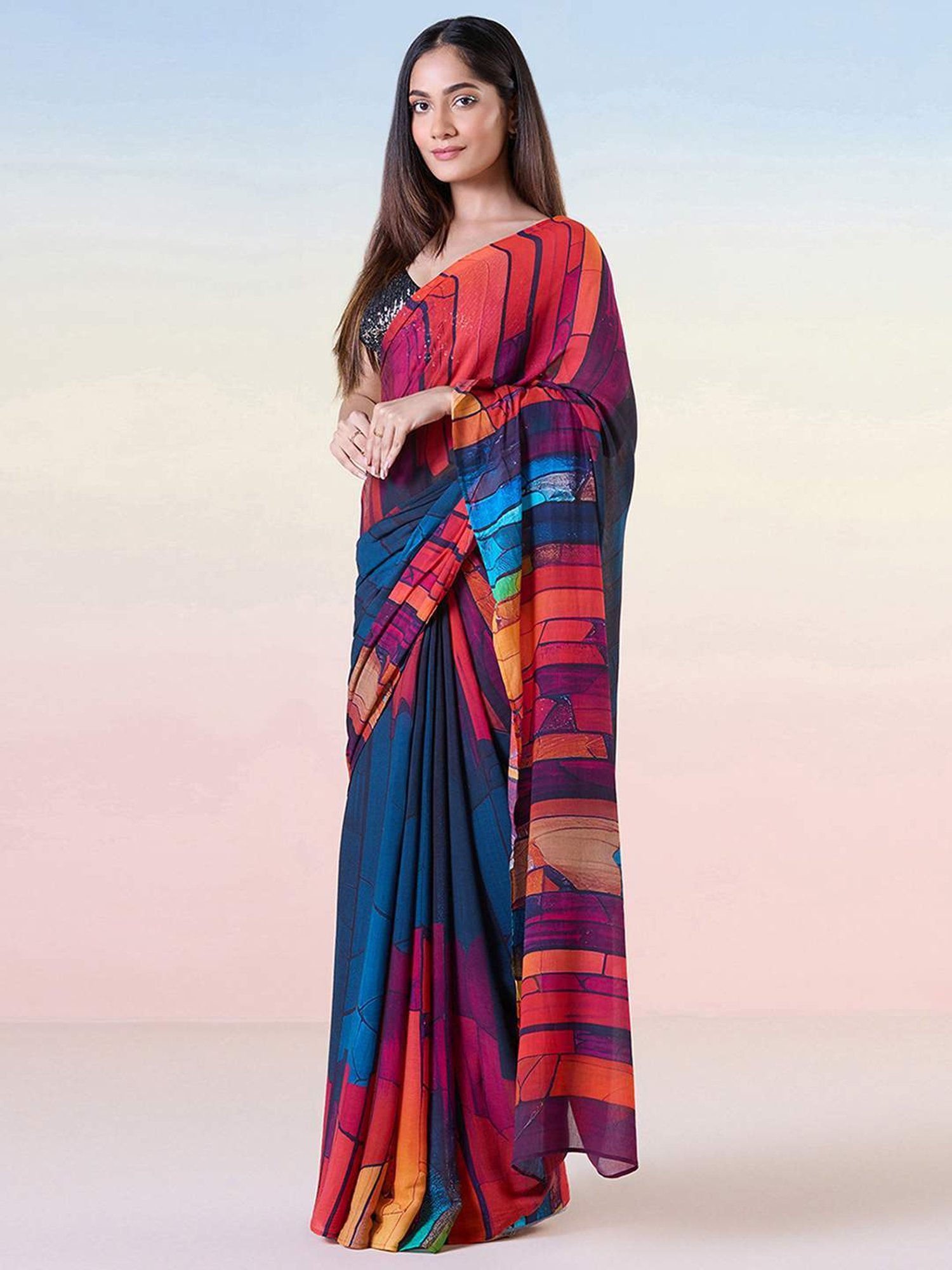 navyasa by liva Navy & Red Printed Saree With Unstitched Blouse