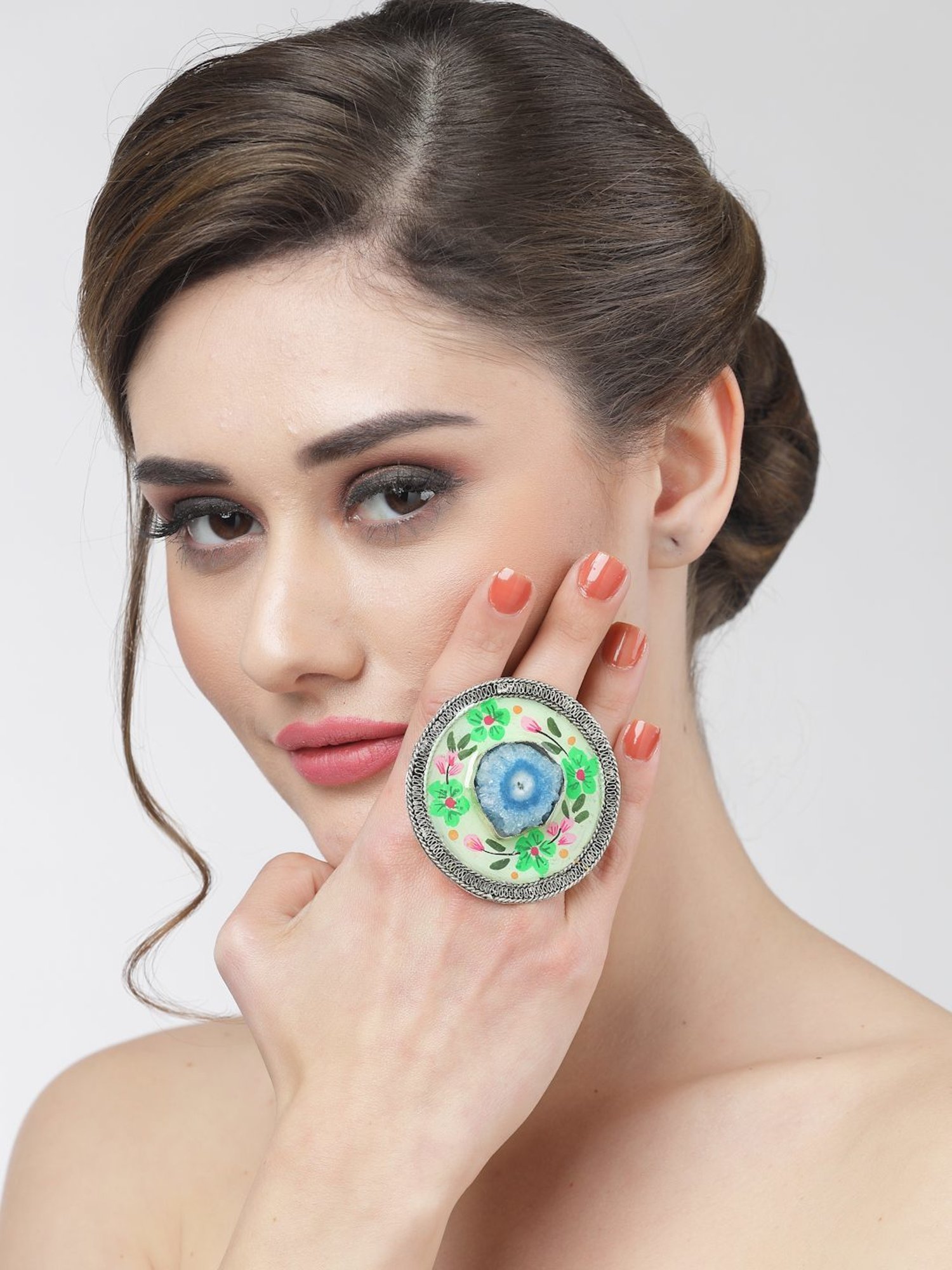 Moedbuille Agate Studded Handpainted Meenakari Floral Design Oxidised Silver Plated Finger Ring