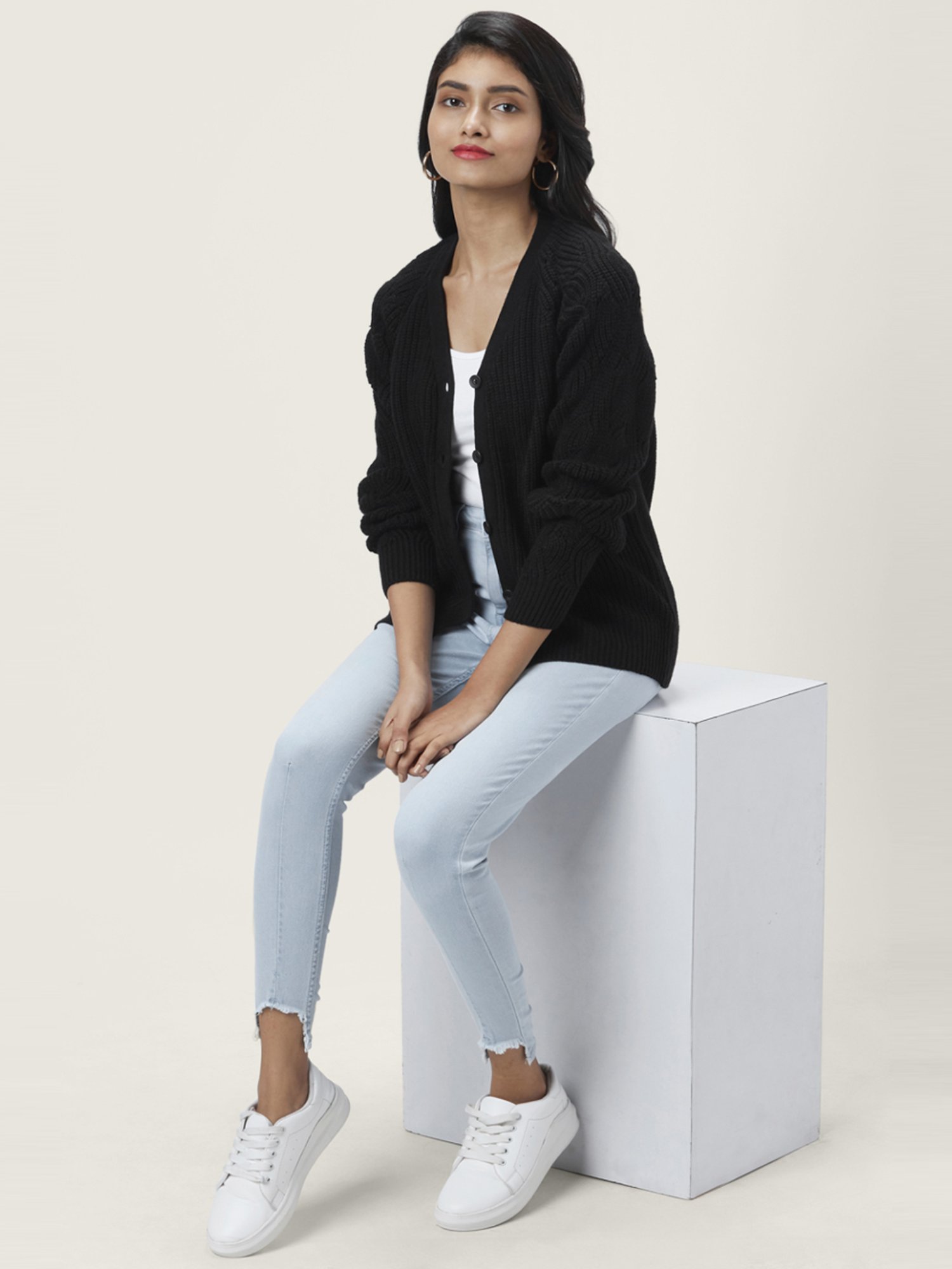 Honey by Pantaloons Black Self Pattern Cardigan