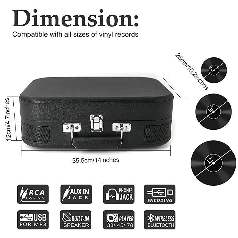 Bluetooth Record Player with Stereo Speakers3 Speed Briefcase Turntable with PlayampEncoding Pitch Control and RCA OutputampAux InputBlack