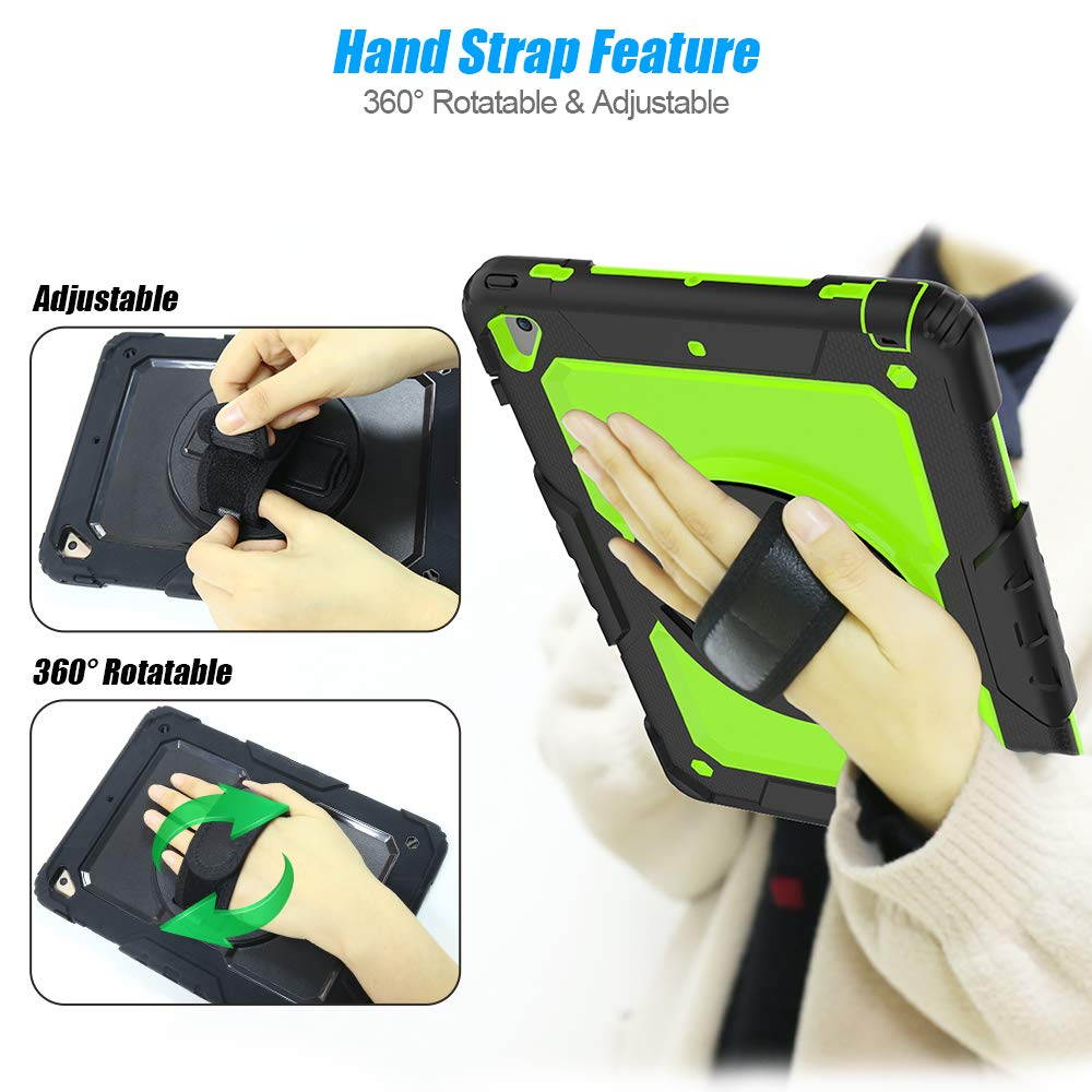 IPad 5th/6th Generation Case,Shockproof, Drop proof, 360 Degree Rotation Kickstand, Hand Strap,Shoulder Strip to Hang in Car Seat.Built-in Screen Protector for New iPad 9.7 2018/2017 Case