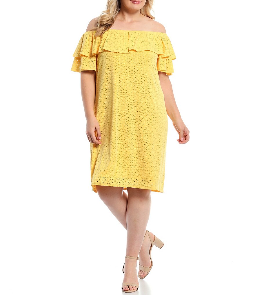 London Times Plus Size Off-the-Shoulder Short Sleeve Eyelet Shift Dress