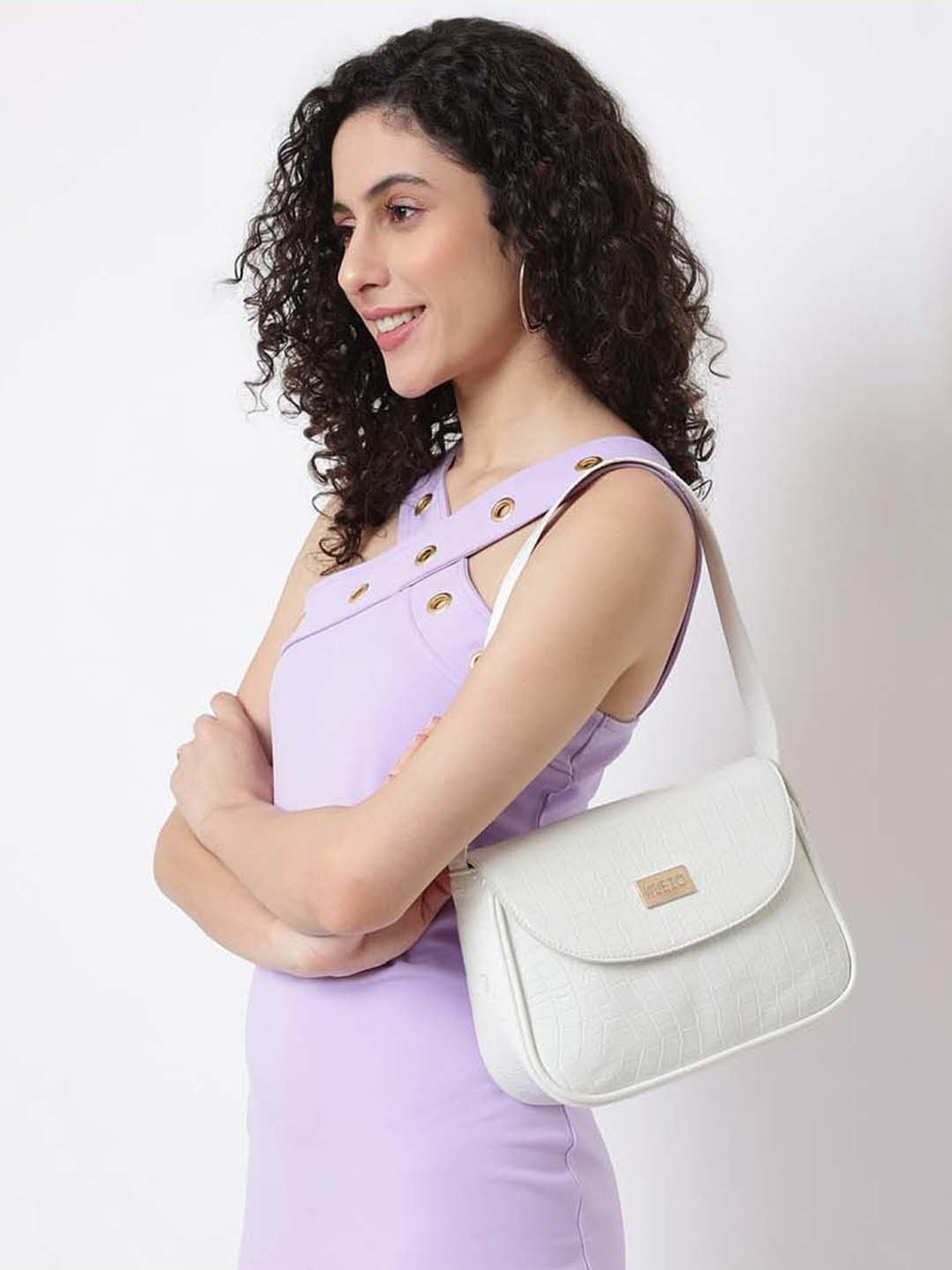 KLEIO White Textured Medium Shoulder Bag